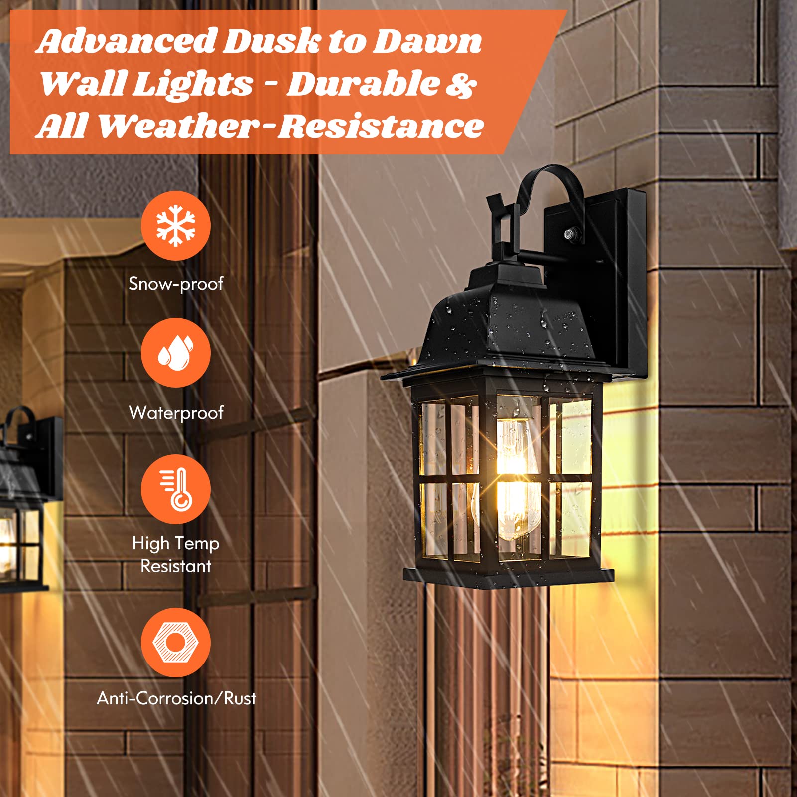Tobusa 2-Pack Dusk To Dawn Black Outdoor Wall Lights, Waterproof Aluminum Lanterns