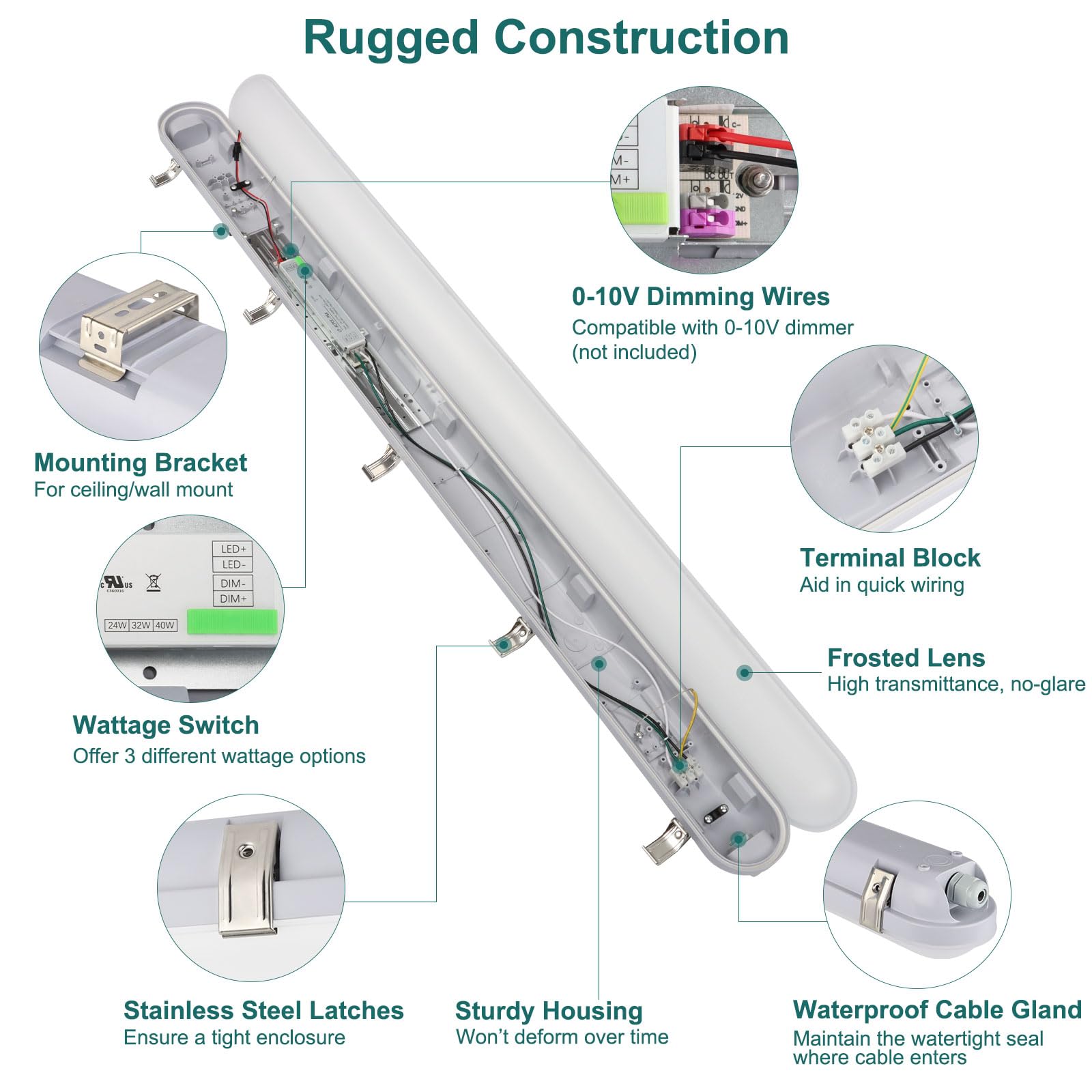 Kadision 4Ft Vapor Tight Led Light Fixture 40W/32W/24W Adjustable Light Output, 4800Lm 5000K 100-277V, 0-10V Dimmable Vapor Proo