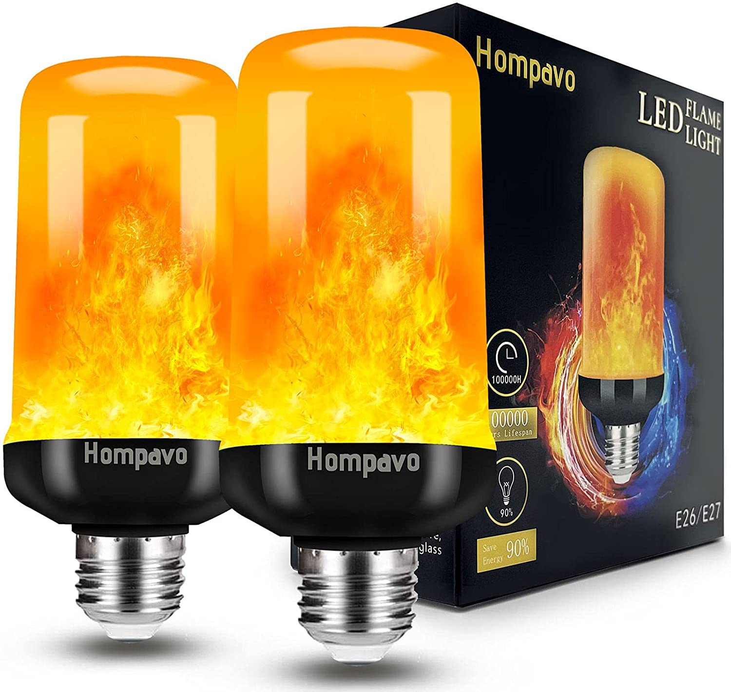 Hompavo LED Flame Light Bulbs, 4 Modes, E26/E27, 2 Pack, Polycarbonate, Model HP-FLB-01, Indoor & Outdoor Decorations