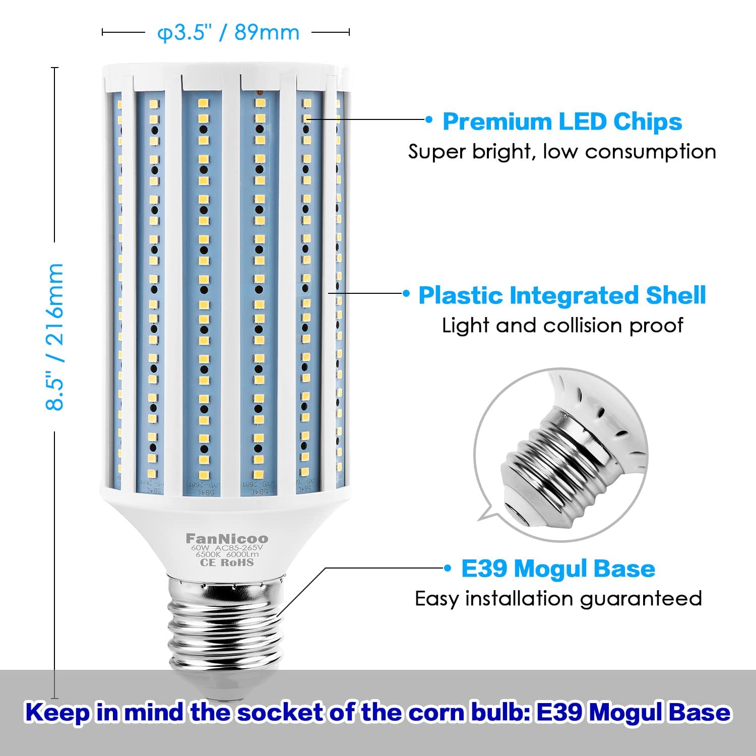 Led Corn Light Bulb 500W Equivalent 60W 6000Lumen 6500K E39 Mogul Base Led Corn Bulb Large Area Cool Daylight White Corn Lamp Fo
