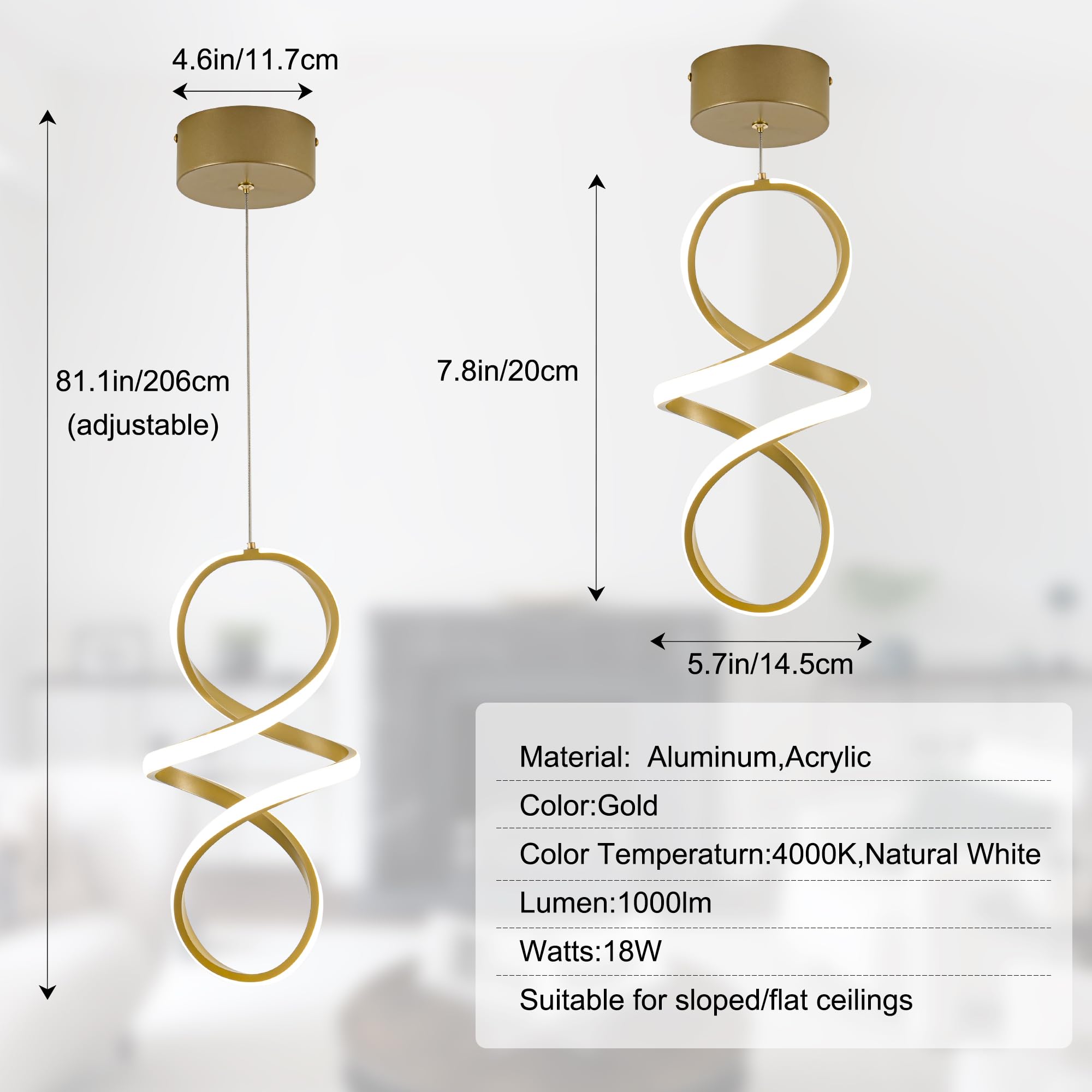 Mayna Spiral Kitchen Pendant Lighting  4000K Modern Led Pendant Light Fixture  18W Adjustable Height Island Light Fixture For Kitchen Bedroom Kitchen Island Cafe  1 Pack (Gold)
