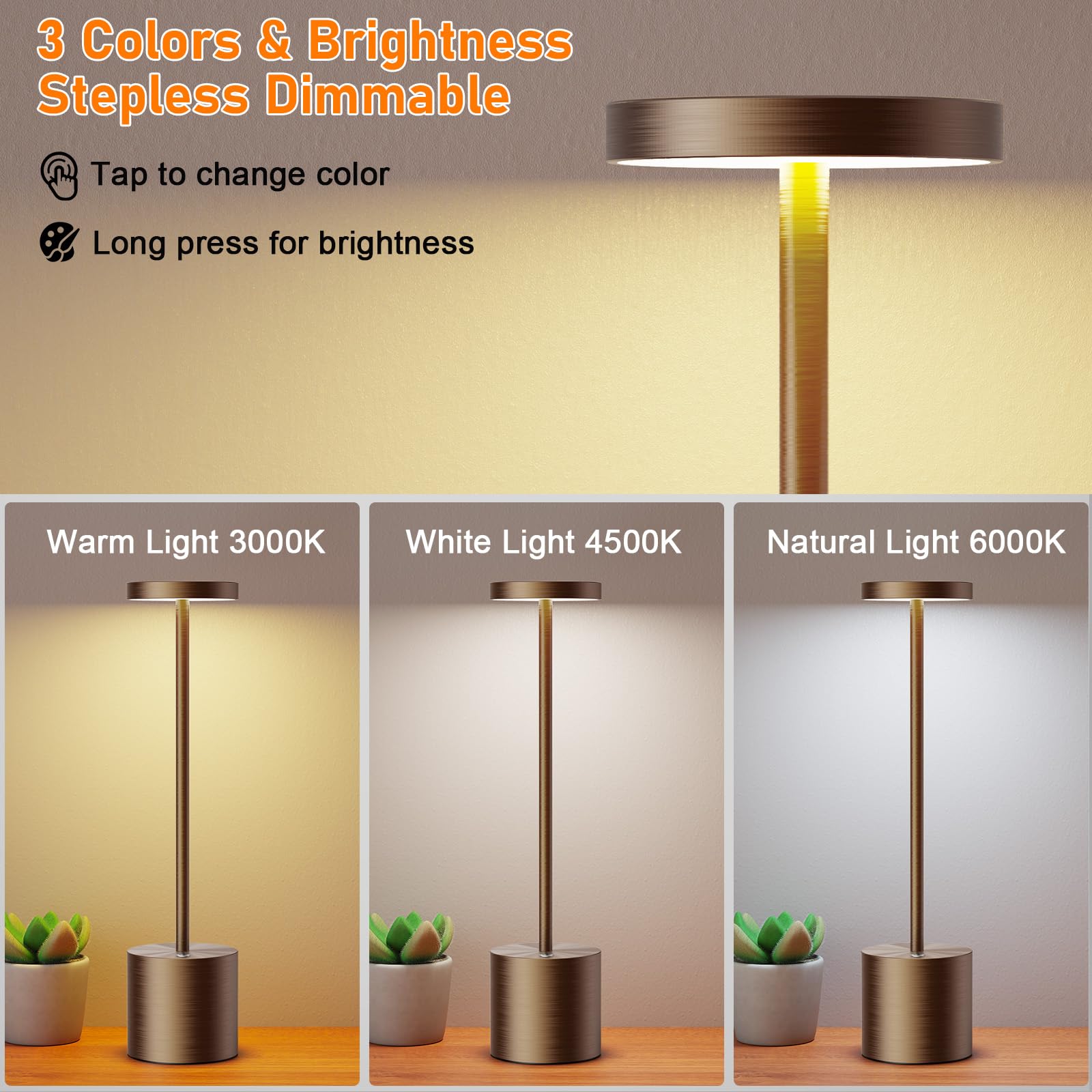 SAKRINGT Cordless LED Table Lamps, Rechargeable, 6000mAh, 2 Pack, Brown, Model S801