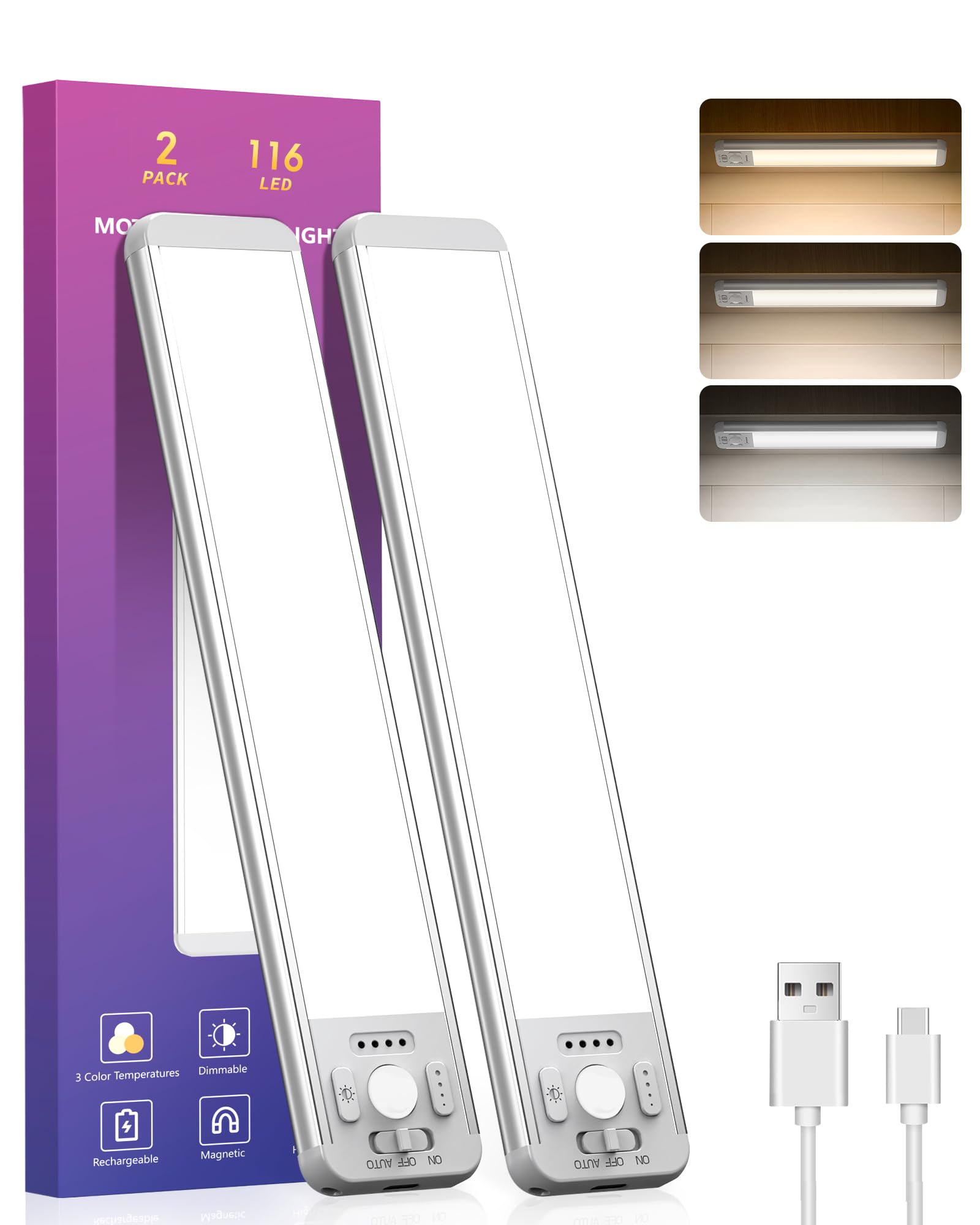Under Cabinet Lights,116 LED 2800 mAh Rechargeable Motion Sensor Light Indoor, 3 Color Temps 5 Brightness Dimmable Magnetic Clos