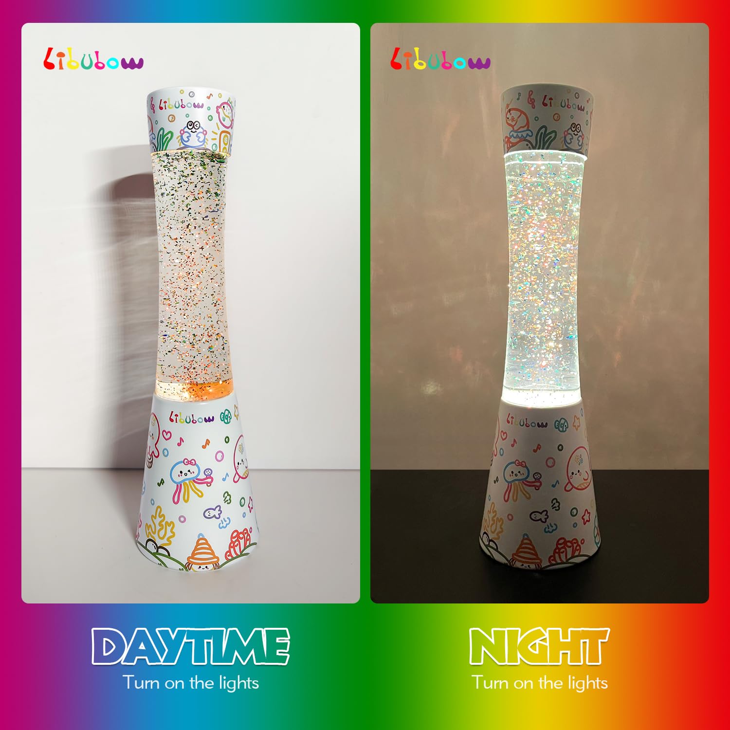 Libubow Rainbow Glitter Lamp, 15.5 Inch, Music Party Decal Base, 2 Bulbs, Starry Night Light, Mood Lighting, Home Decor
