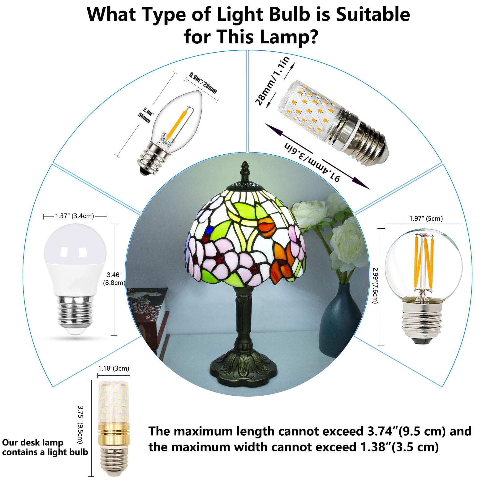 Crefotu Tiffany Style Table Lamp, 8 Inch Stained Glass, 3 Color Temperatures, Four-Leaf Flower Pattern, Model CFLP-0001