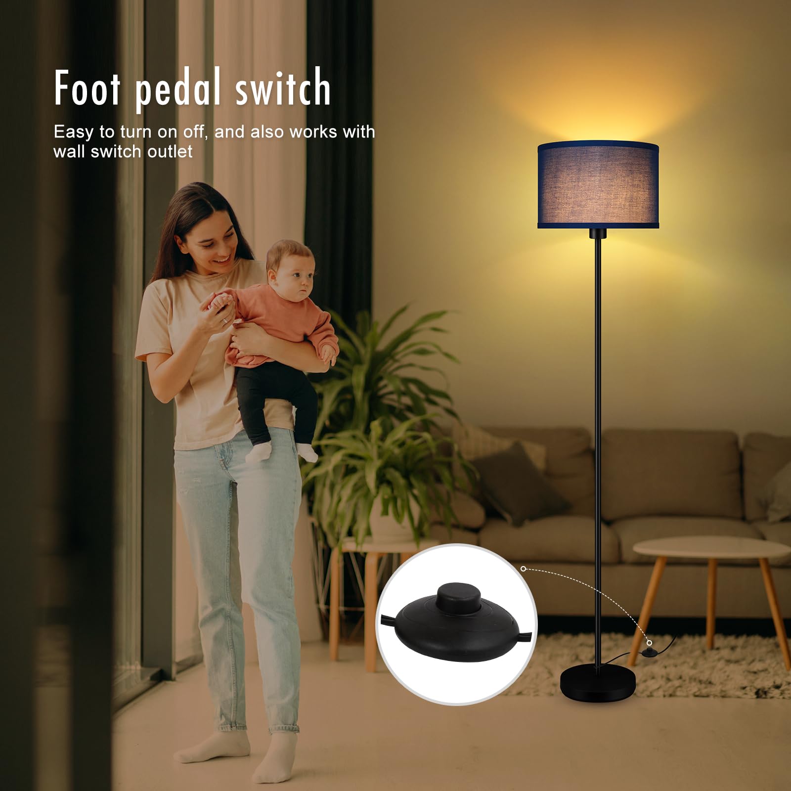 Blue Floor Lamps, Standing Lamp, Modern Floor Lamp With Blue Lamp Shades, Foot Switch, 59'' Tall, Bright Pole Lamps For Living R