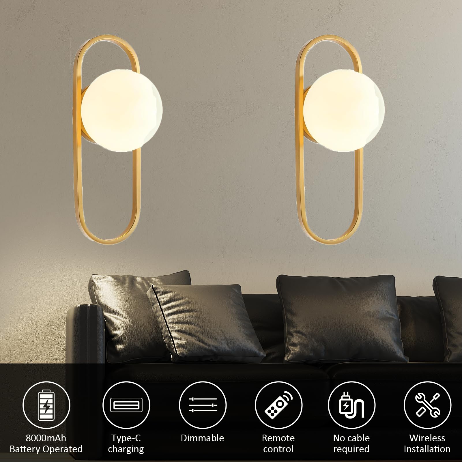 jengush Battery Operated Wall Sconce Set of 2, Wireless Dimmable Indoor Lights, Metal, One Size, Gold, Model WL-2203