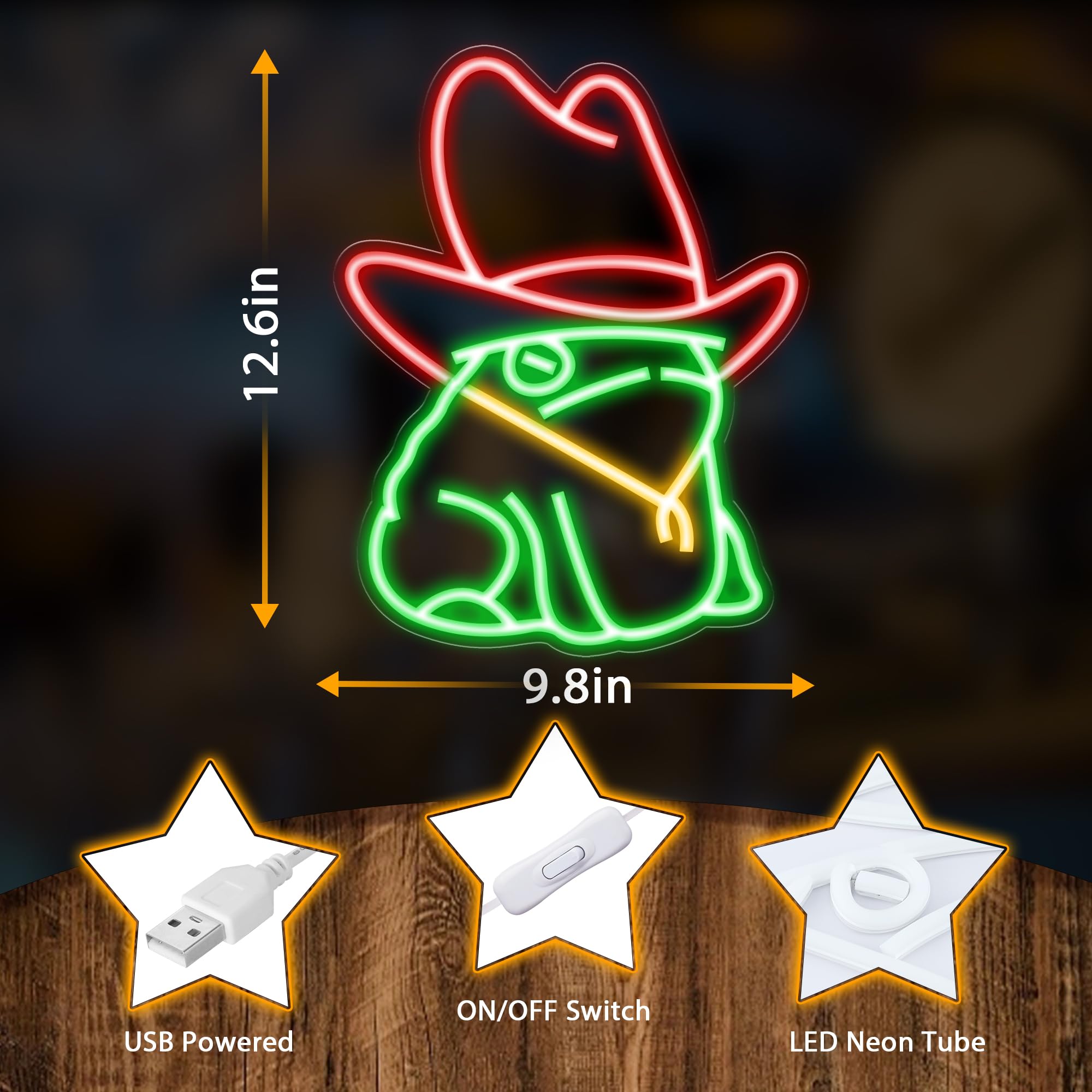 Kavaas Frog Neon Sign, LED Wall Decor 12.6" x 9.8", Green & Red Acrylic, Cowboy Hat Design for Man Cave, Gameroom, Bar