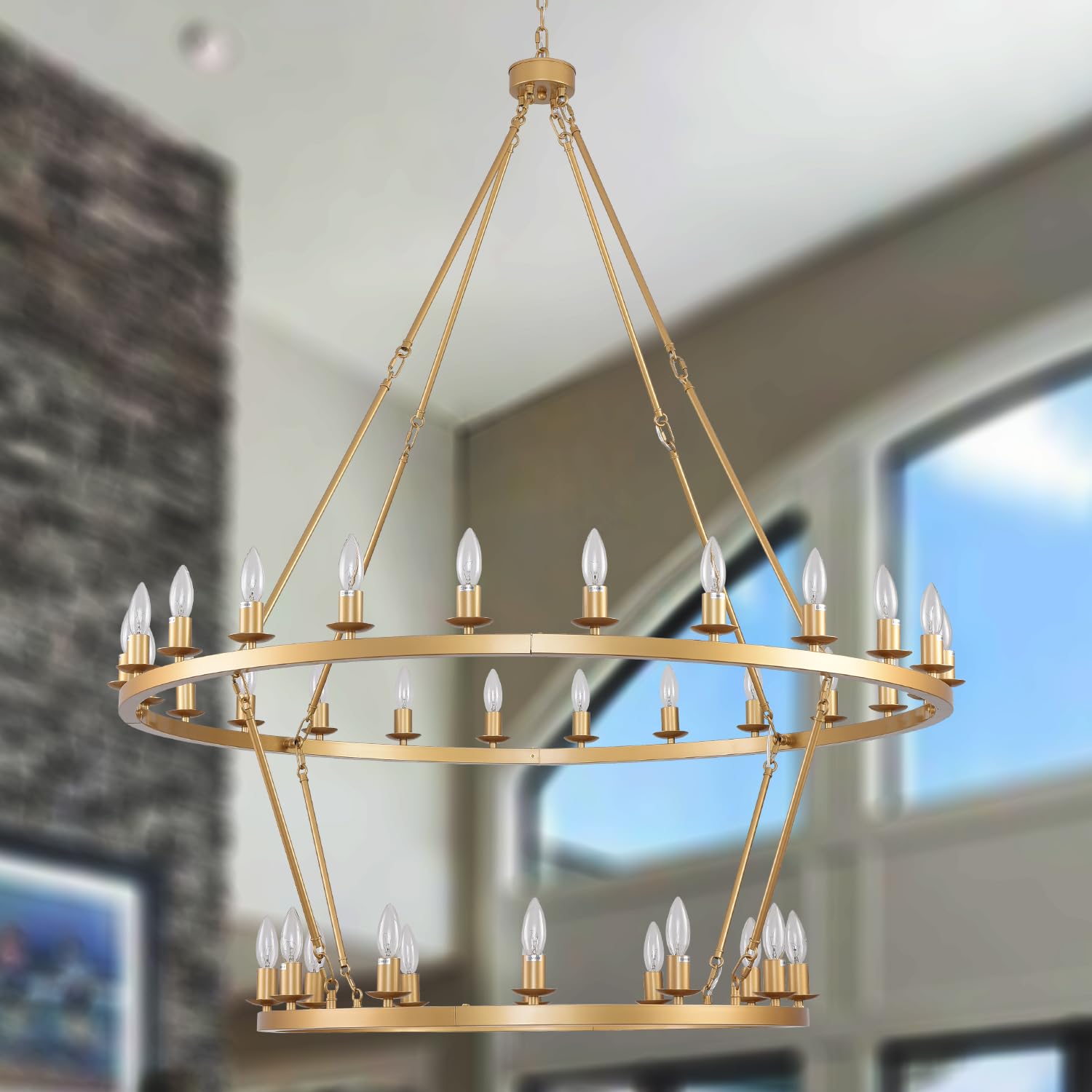JKLX Extra Large Wagon Wheel Chandelier 2 Tier Pendant Light, 48 Inch, Metal, Gold, Model WE-70-60-48-3, Rustic Hanging Lighting