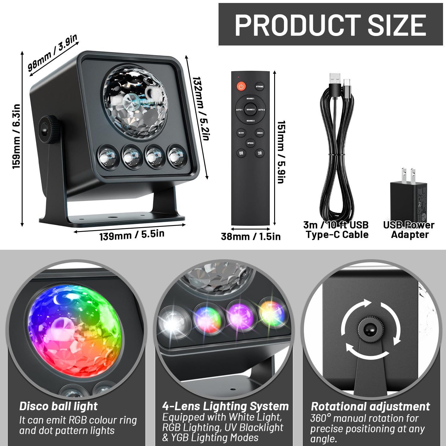 caivimvn Sunset Lamp Disco Ball DJ Light, Sound Activated, Plastic Shell, Model EMS-30, Black