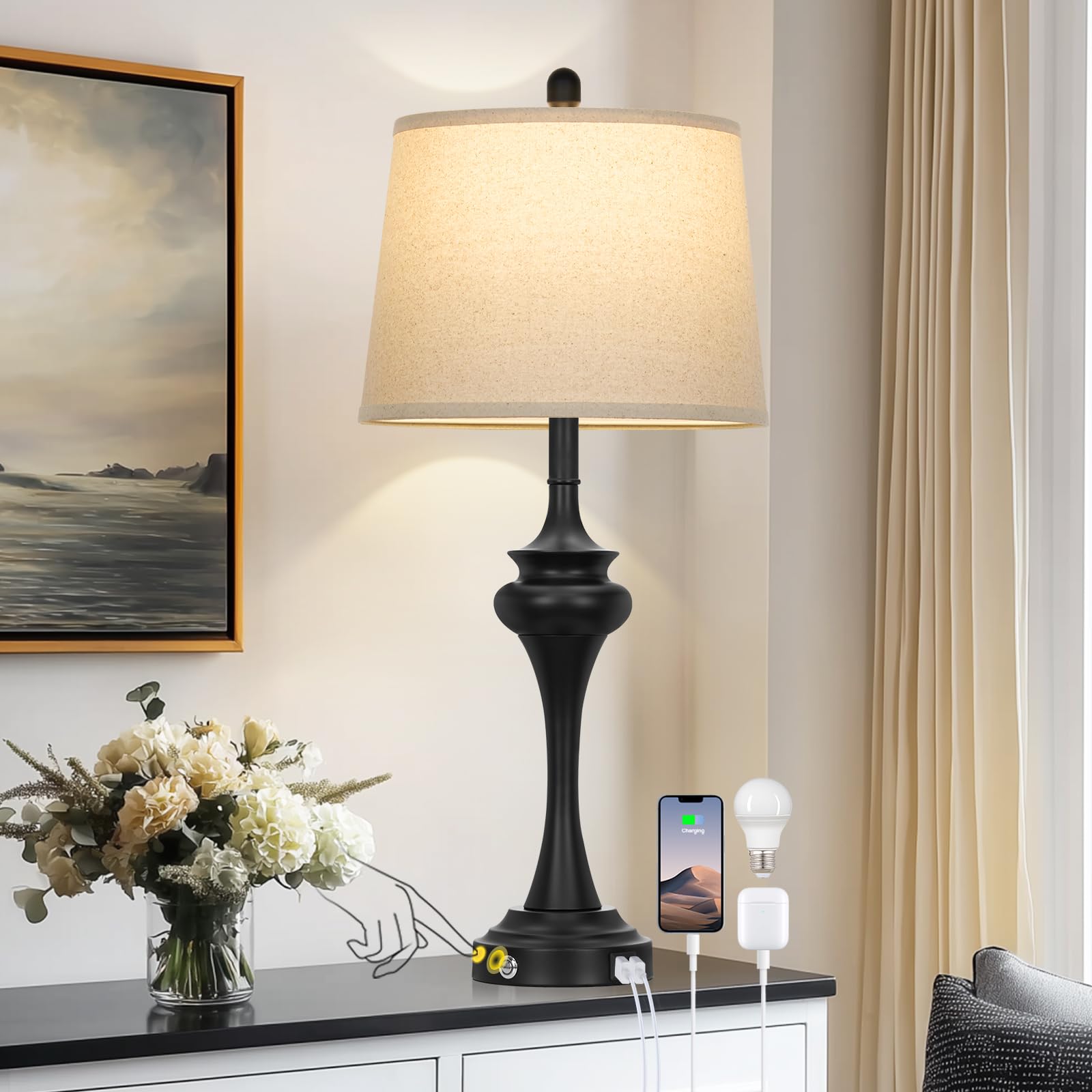 Rinweey 30 Inch Black Table Lamp Single  3-Way Touch Control Bedside Lamp with USB A+C Ports  Modern Bedroom Lamps for Nightstand  Metal Living Room Lamps for Side Table Desk Office  Bulb Included