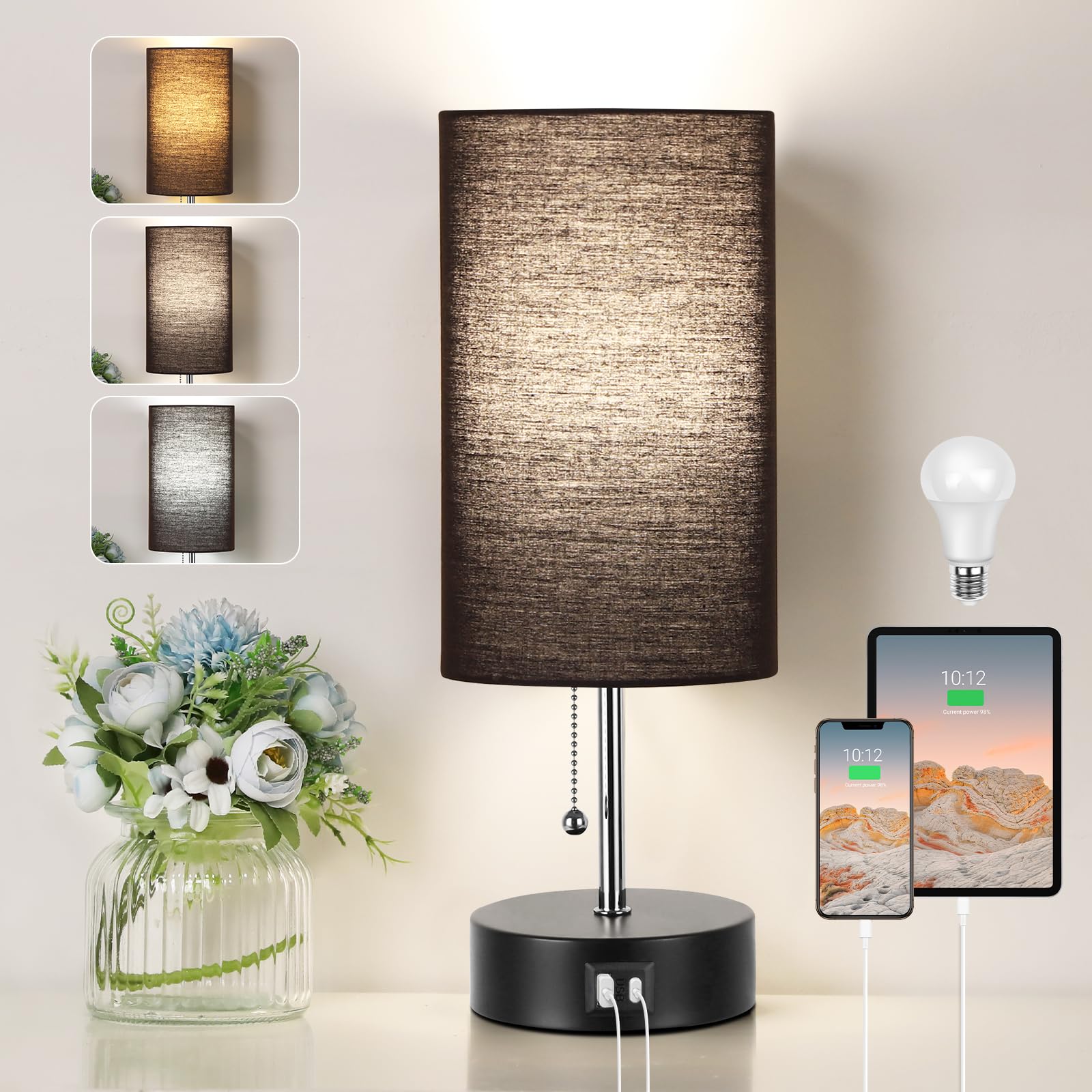 ROTTOGOON Bedside Lamp with USB A & C Ports, LED Bulb, Metal, Black, Model H-philwin-061