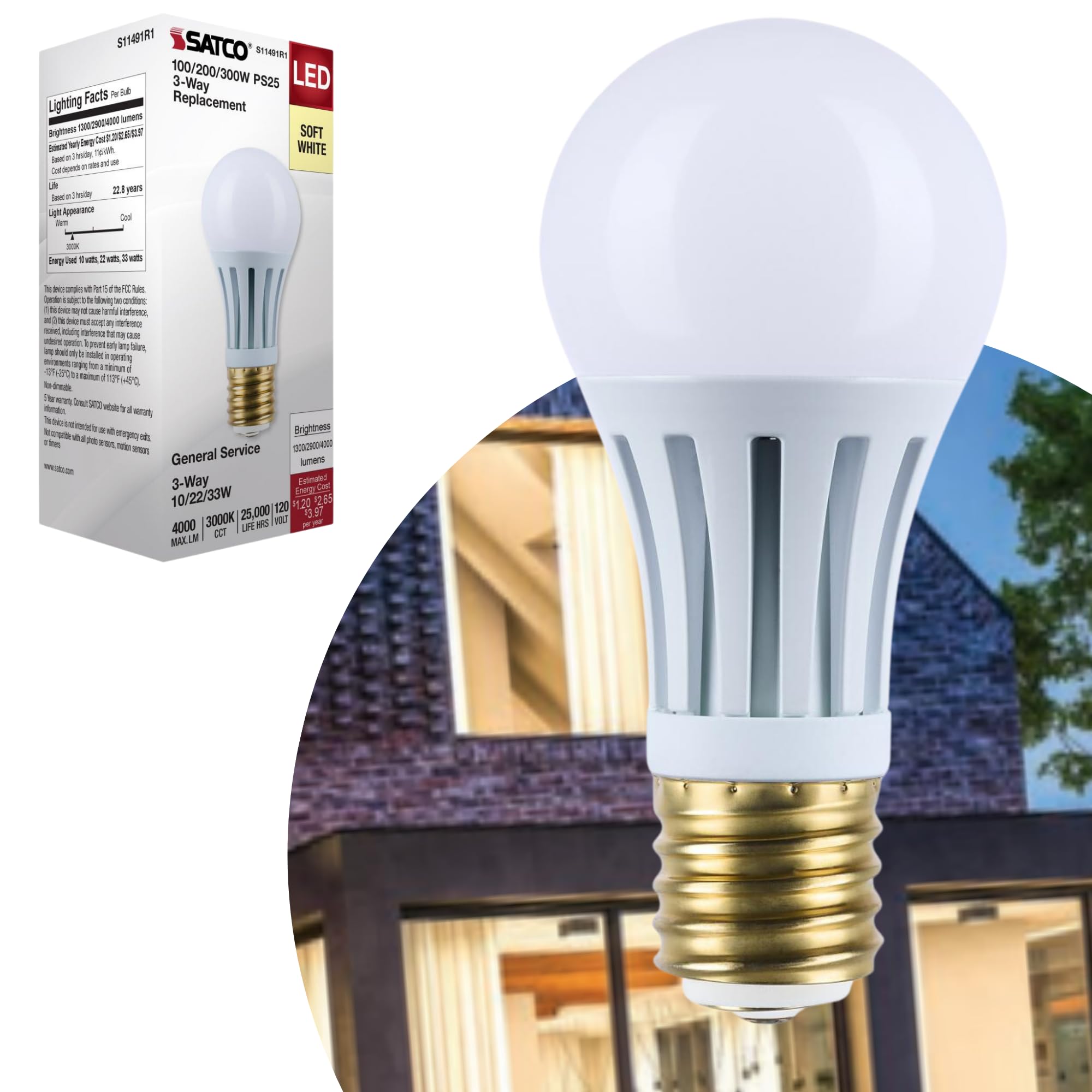 Satco Led Three-Way Lamp, 10/22/33W, Mogul Base, 3000K, White Finish (1)