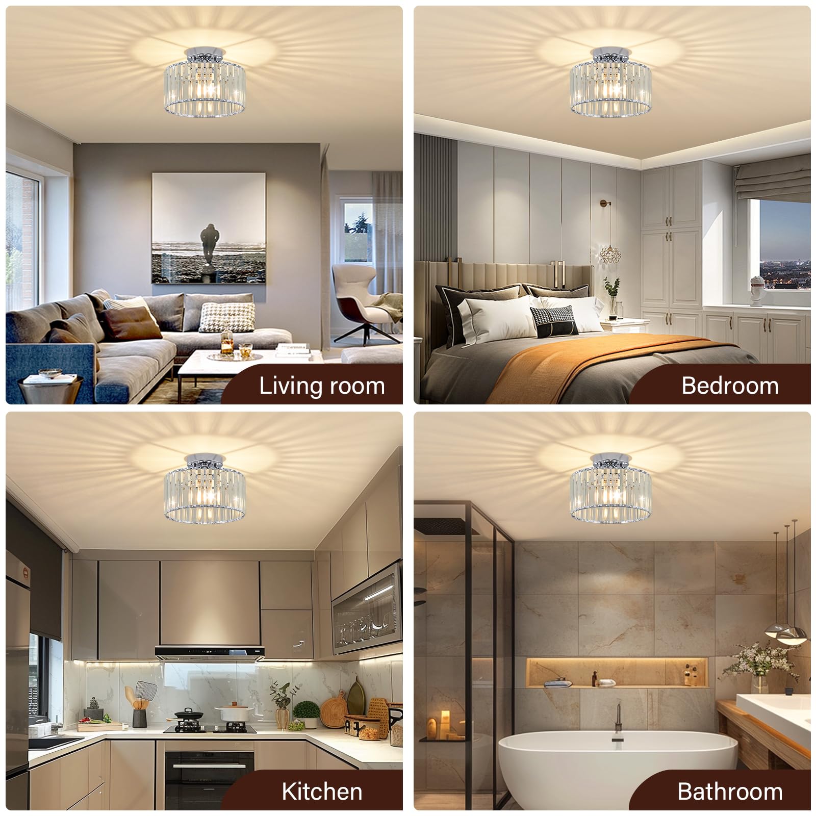 Pevfah Crystal Chrome Ceiling Light, Modern Semi Flush Mount Ceiling Lighting Fixture, Round Hallway Ceiling Lights For Bathroom