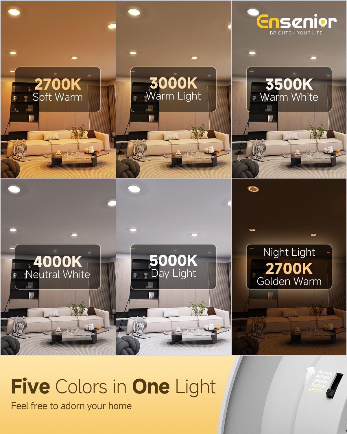 Ensenior 5/6 Inch 5CCT LED Can Lights, 12 Pack, 9W=110W, 1000LM, Selectable 2700K-5000