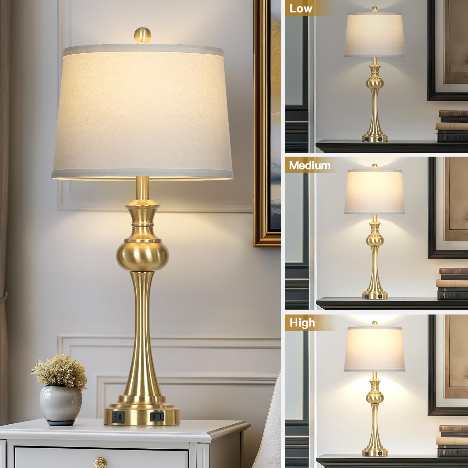 Cinyirong 28.75" Gold Table Lamps - Touch Control, USB C+A, 3-Way Dimmable, Set of 2, Antique Brass for Living Room & Bedrooms