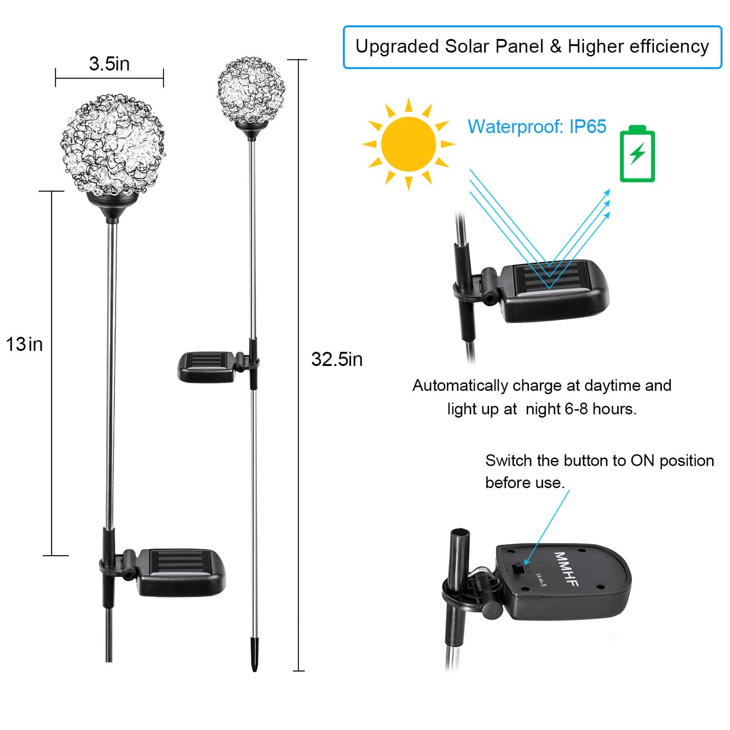 MMHF Solar Garden Lights - Upgraded Globe LED Stake Lights, Multi-Color, 2 Pack, Stainless Steel