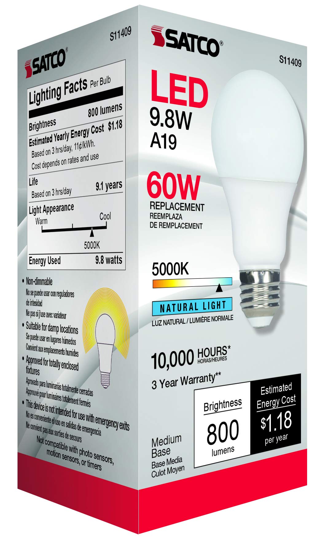 Satco 11409 9.8W Led A19 Light Bulb, 60W Replacement, 5000K Natural White, 800 Lumens