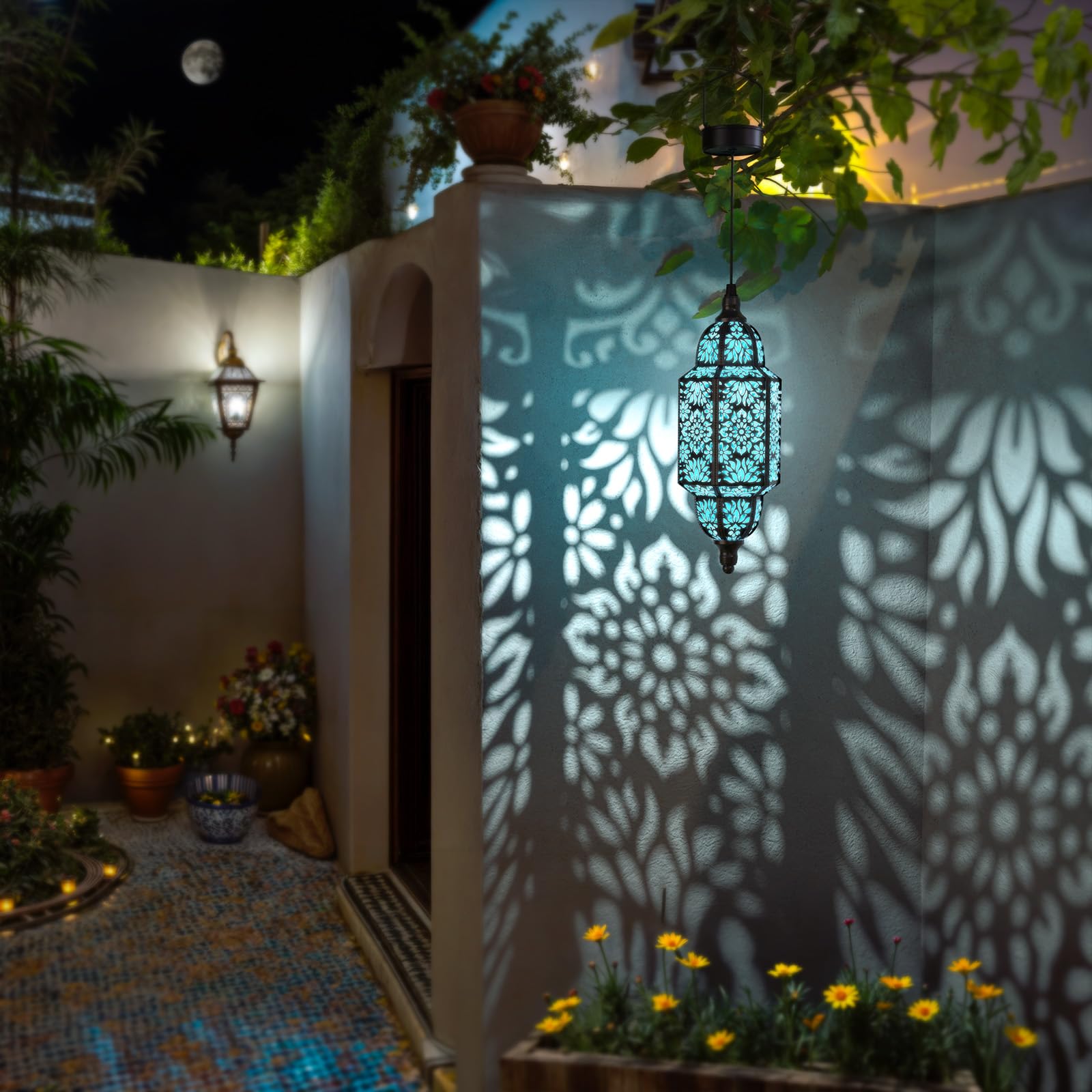Twinkya Solar Lanterns 2 Pack, Waterproof Metal Moroccan Design, Black, for Outdoor Garden, Patio, Porch, Yard Decor