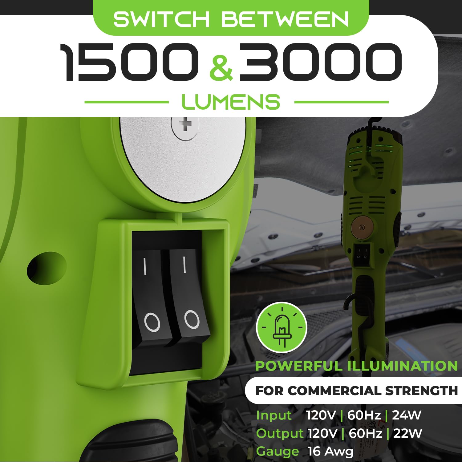 Gearit Led Work Light (15 Feet) 1200 Lumen Cob Led - 16 Gauge Sjtw Indoor/Outdoor Nema 5-15R Extension Cord - Handheld, Rotating Hanger, Magnetic Base For Auto Mechanic And Construction - 15Ft