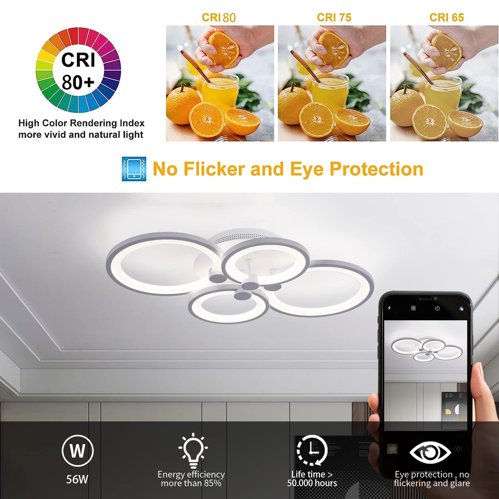 Jaycomey Modern Led Ceiling Light Fixture, Flush Mount Ceiling Lamp Acrylic 4-Ring Circle With Remote, 3000/4000/6000K Dimmable