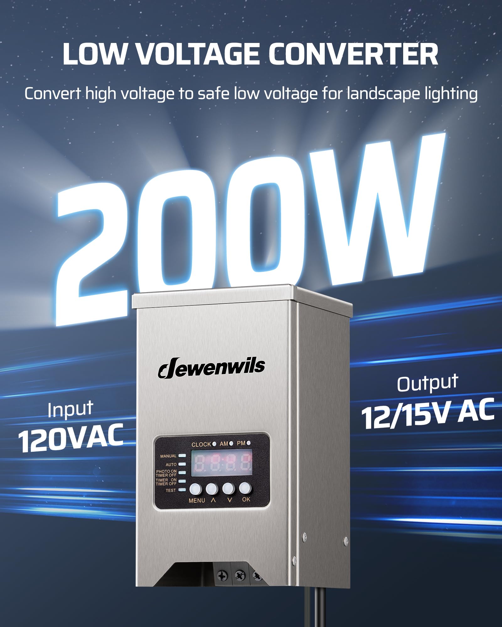 DEWENWILS 200W Low Voltage Landscape Transformer with Photocell Sensor & Timer, Waterproof, Model HSLT04H1