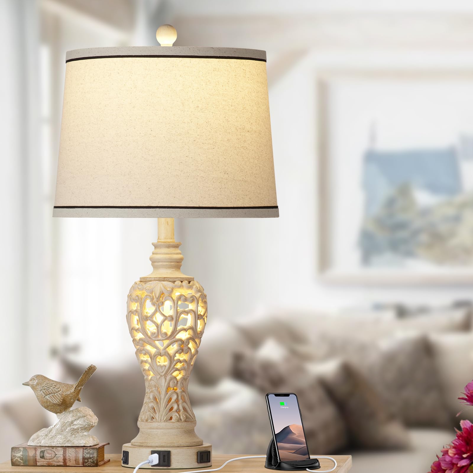 Rinweey Table Lamps Set Of 2, Farmhouse Table Lamps With Nightlight, Rustic Bedside Lamps With Dual Usb & Ac Outlet, 25.2'' Whit