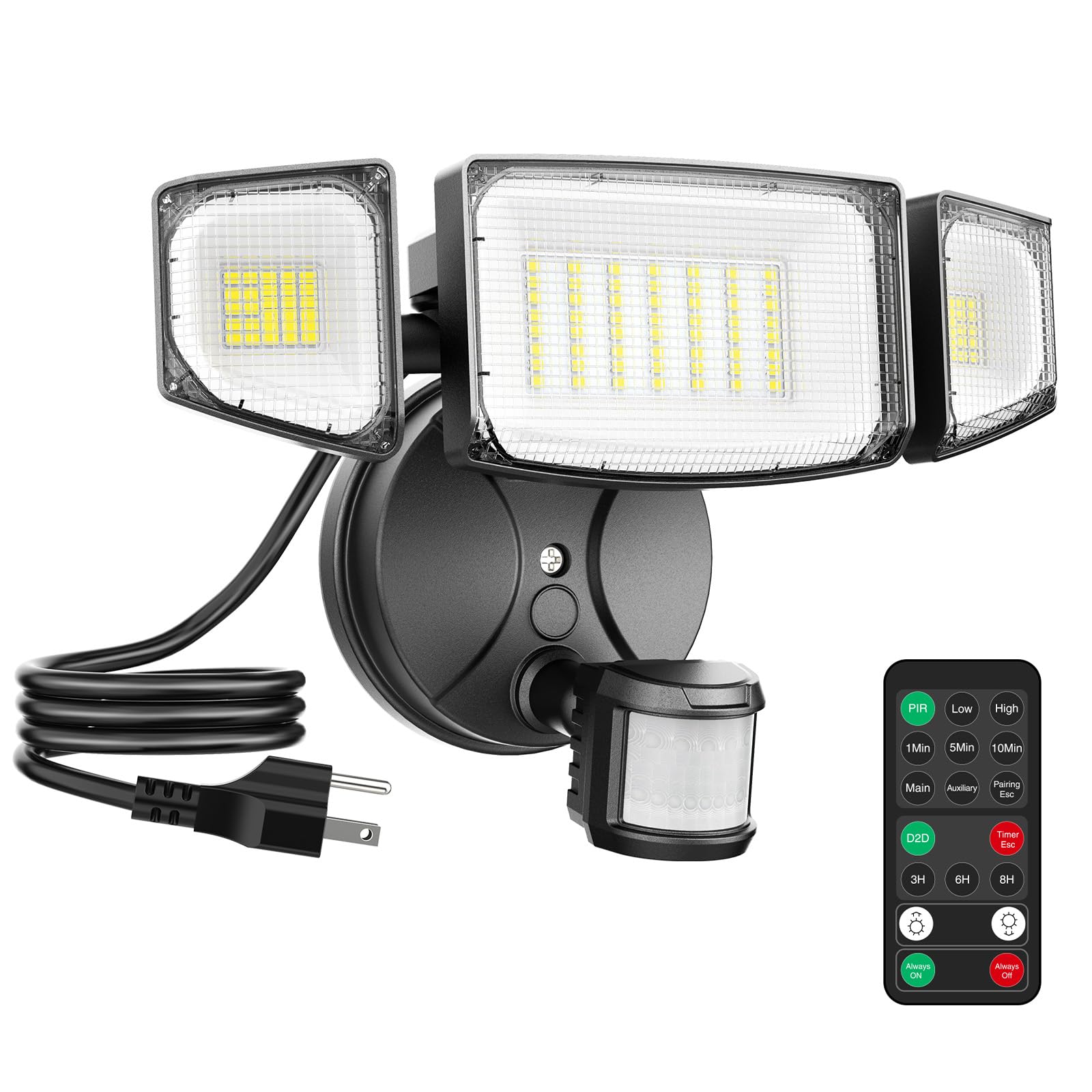 iMaihom 65W 6500LM Motion Sensor Outdoor Light  Plug In LED Security Lights 3 Heads Motion Detection Outdoor Light  Dusk to Dawn  IP65 Waterproof Flood Light with Remote Control for Yard Garage(Black)