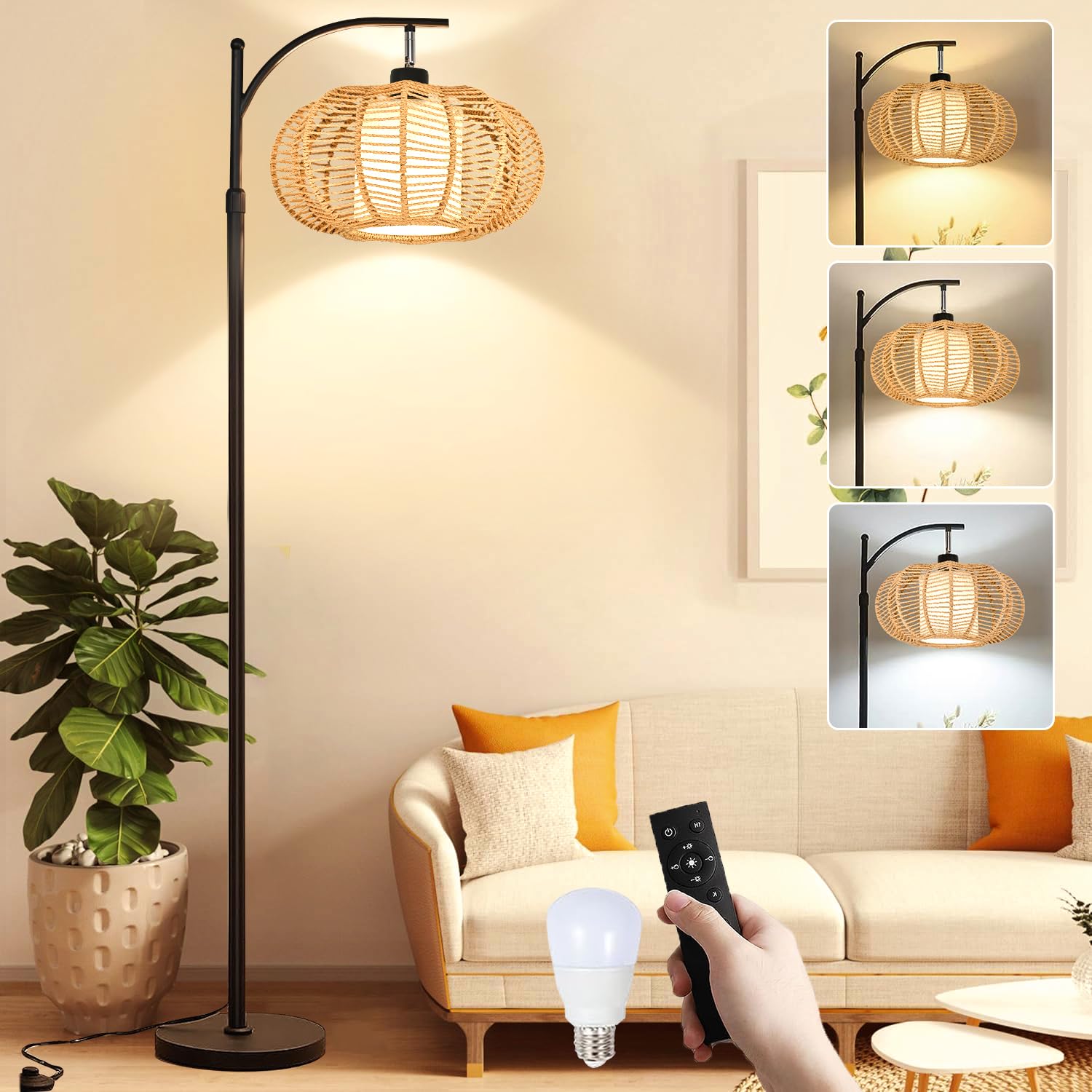 Arc Floor Lamps for Living Room Bedroom Rattan Boho Floor Lamp with Remote Control,Dimmable Floor Standing Lamp Wicker Lamp Shad