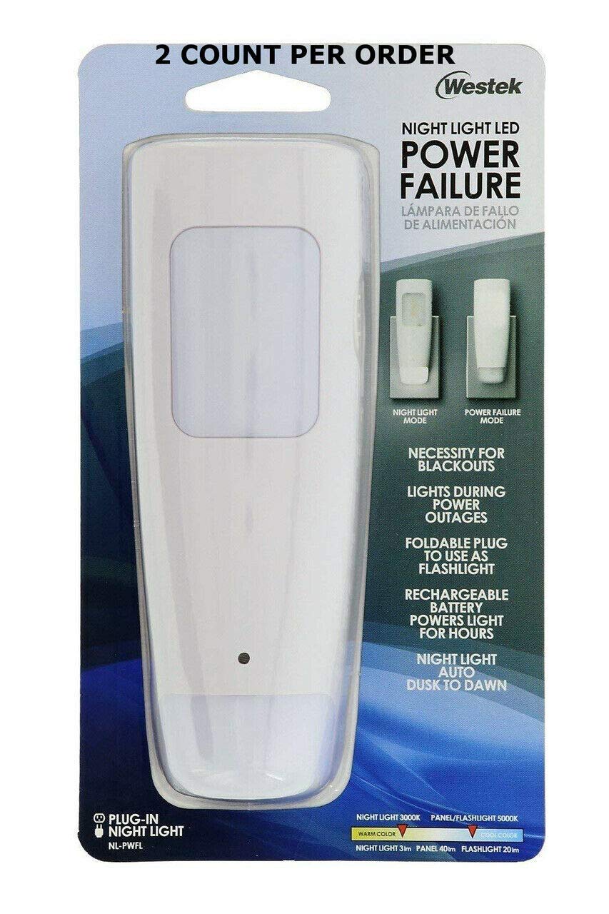 Westek LED Emergency Lights 2 Pack - Rechargeable Flashlight & Night Light - White - Model NL-PWFL