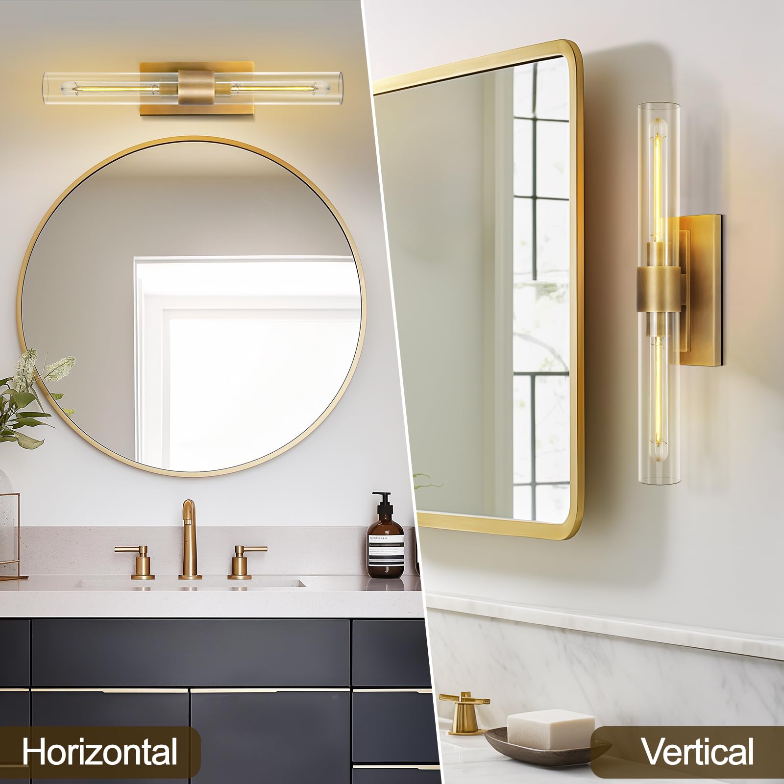 Zhtiechui Brass Bathroom Vanity Wall Sconces, 2-Light Glass Tube Wall Sconces, 24 Inch Horizontal Or Vertical Linear Wall Sconce