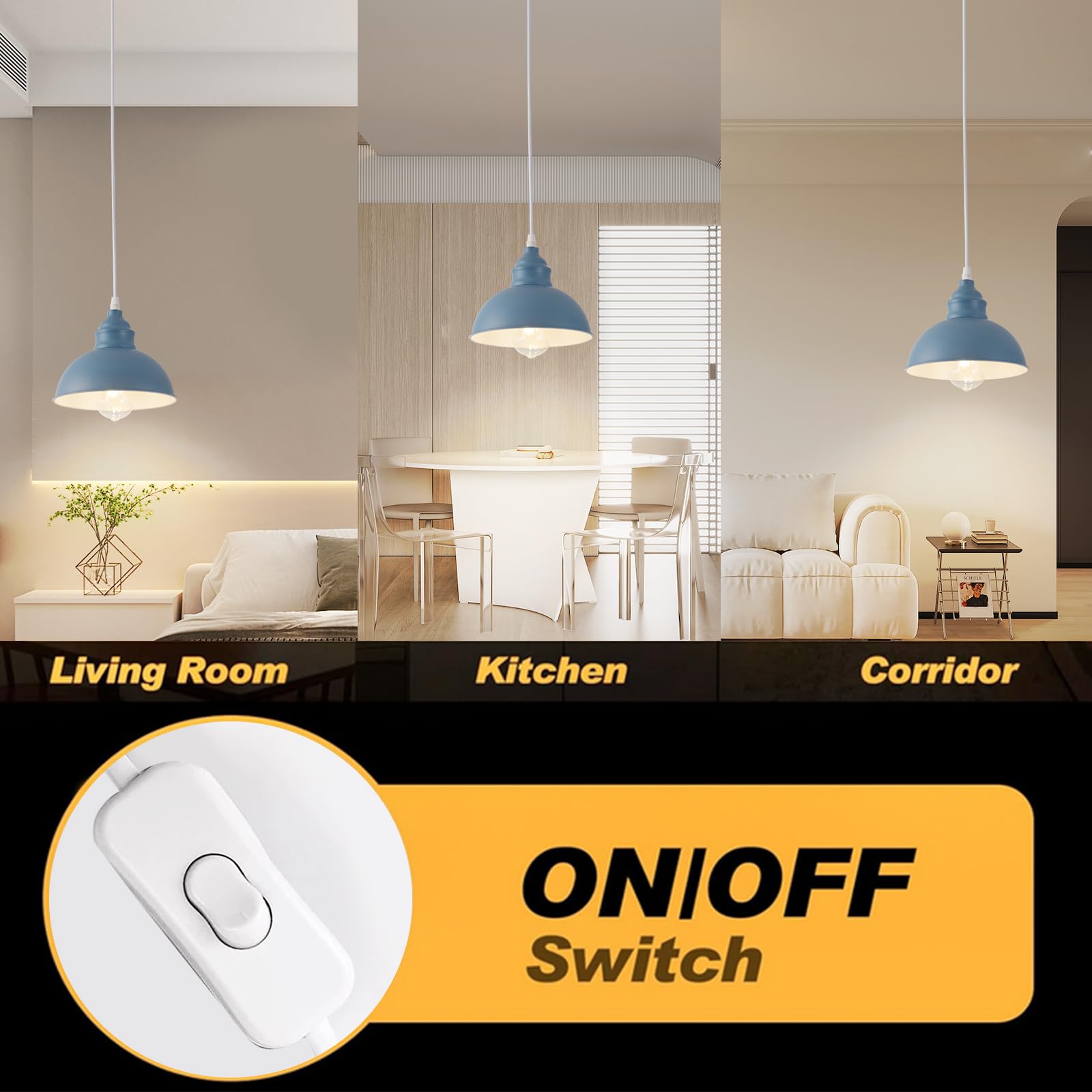 SoodMi Plug-in Pendant Light, Industrial Metal Hanging Lamp with On/Off Switch, 15FT Cord, Blue, Model PDL-012