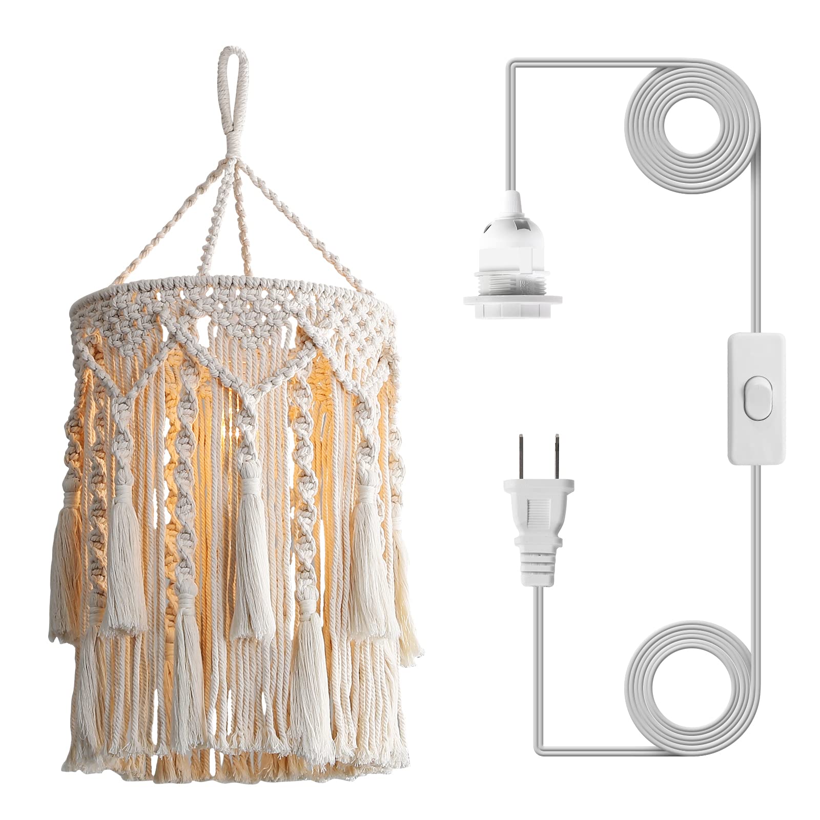 Bioaqua Boho Lamp Shade, Handmade Macrame Pendant Light, Type 3, Cotton for Bedroom and Living Room Decor