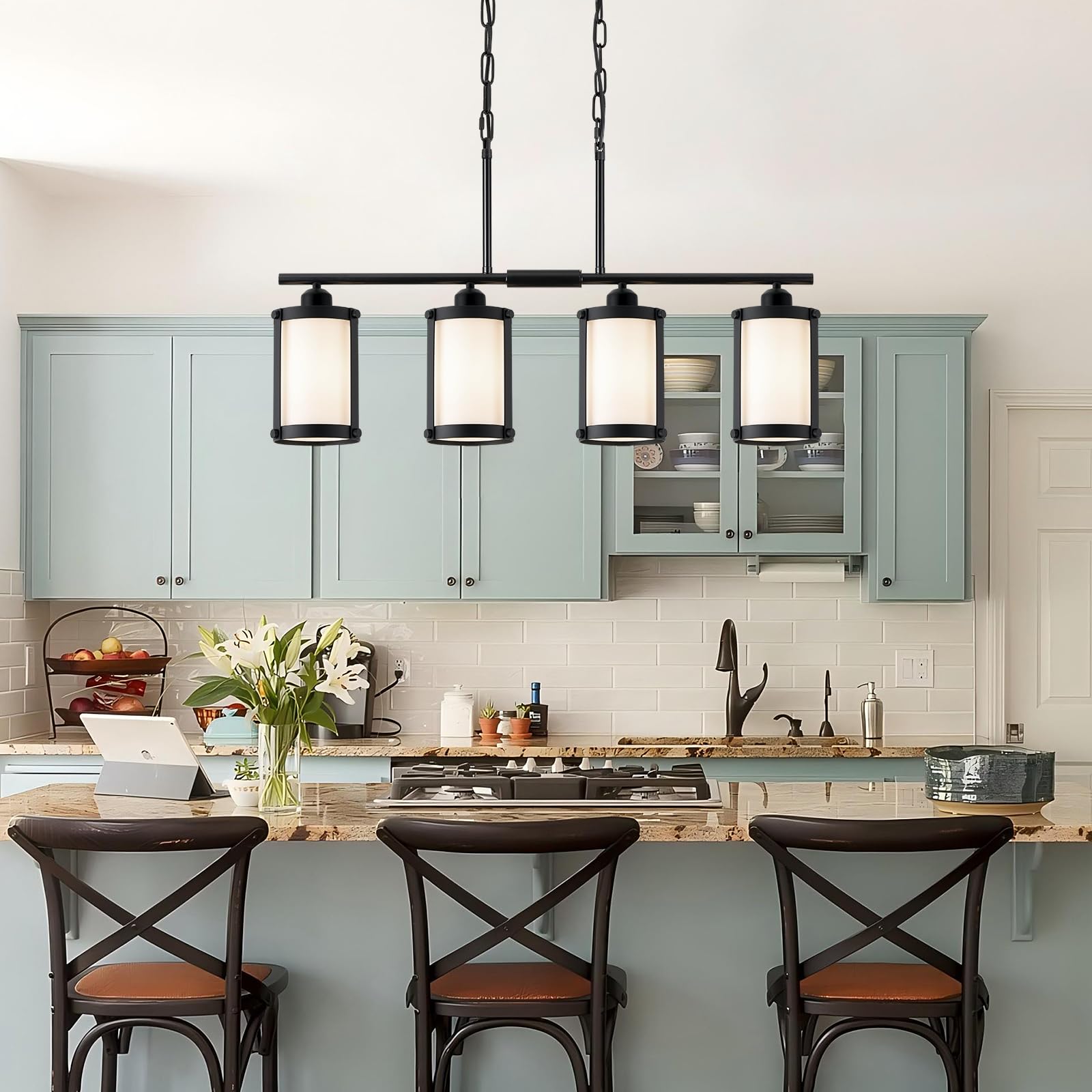 Osimir 4-Light Linear Kitchen Island Lighting - Black Frosted Glass Chandelier, Model OS-3014-4ISBKW