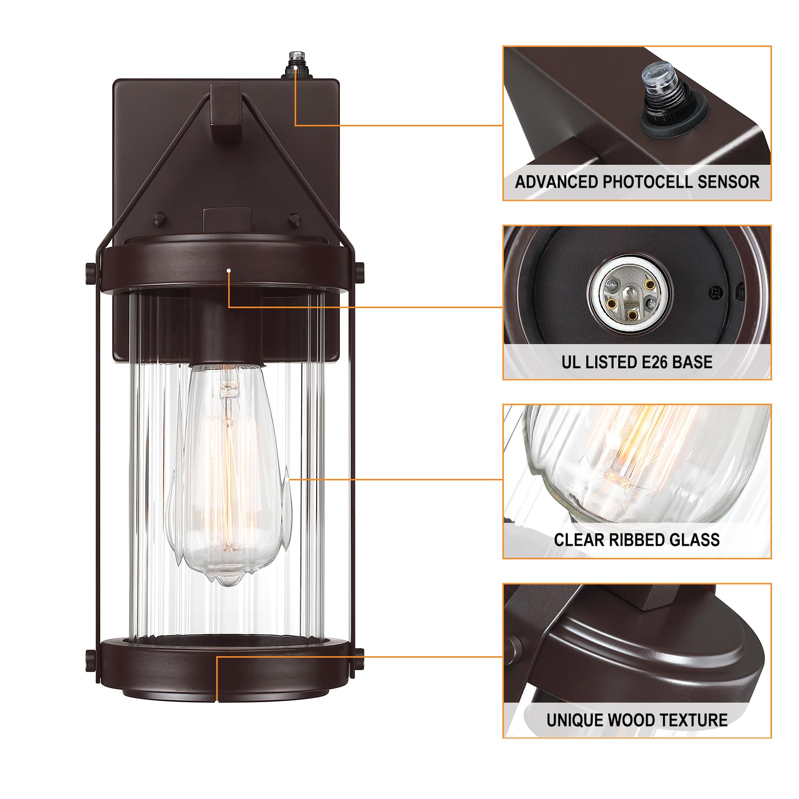 LONEDRUID Outdoor Wall Sconce Lighting - 2 Pack Dusk to Dawn Sensor, Waterproof, Rustic Brown Fixtures for Porch, Garage, Patio, Front Door