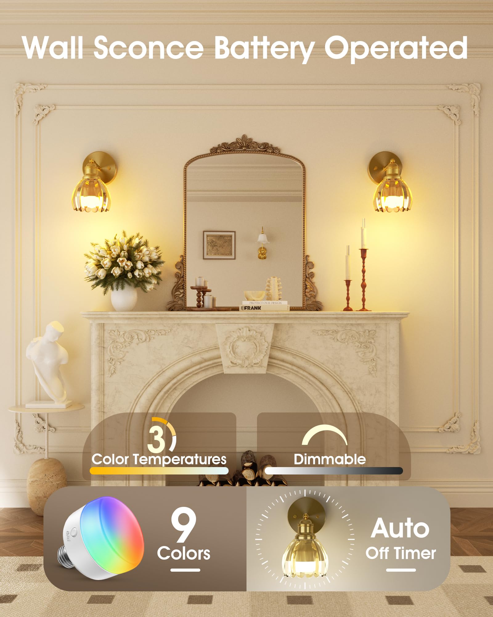 VOLISUN Vintage Battery Operated Wall Sconce,with Amber Tulip Glass Lampshade, Wireless Wall Sconce, Rechargeable Battery Powere