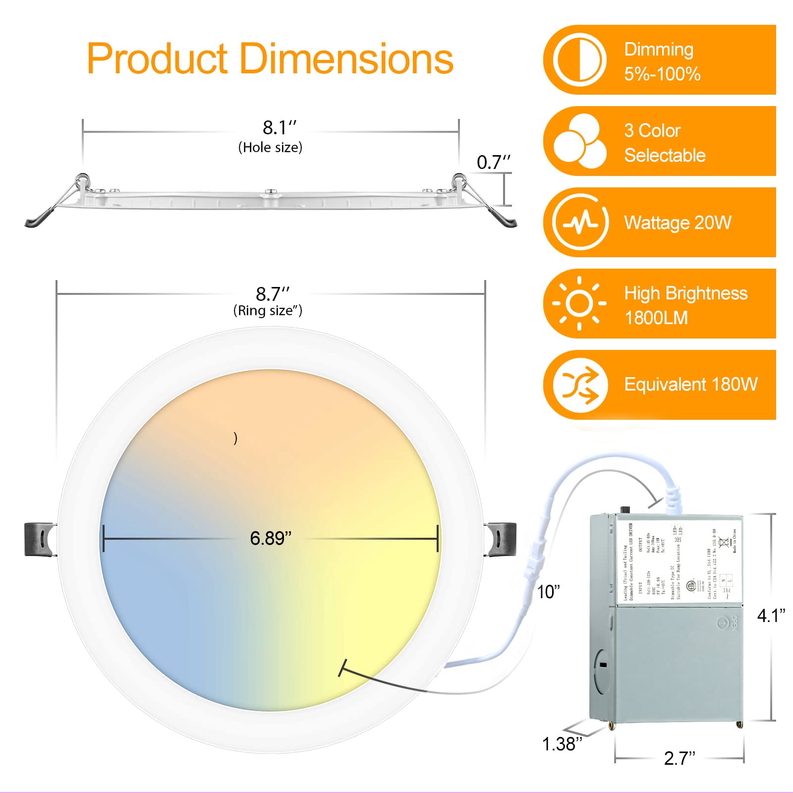 2 Pack 8 Inch Led Recessed Light- Ultra-Thin Recessed Ceiling Lighting With Junction Box, 3000K/4500K/6000K Selectable, 1800Lm High Brightness, Dimmable Canless Downlight Fixtures