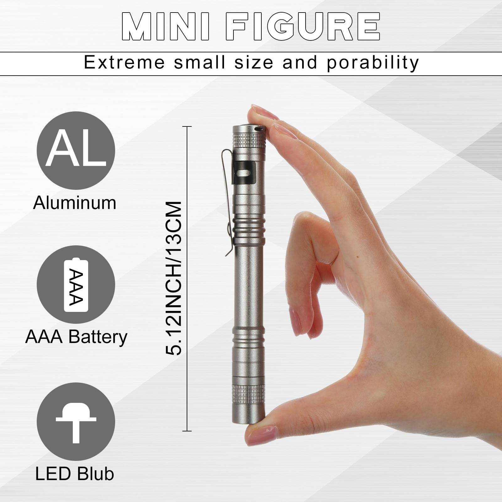 Hortsun Mini Pen Light Flashlight, 5.12 Inch, Gray, Aluminum, Pocket Size, Clip Included, 20 Pcs Gifts for Fathers Day