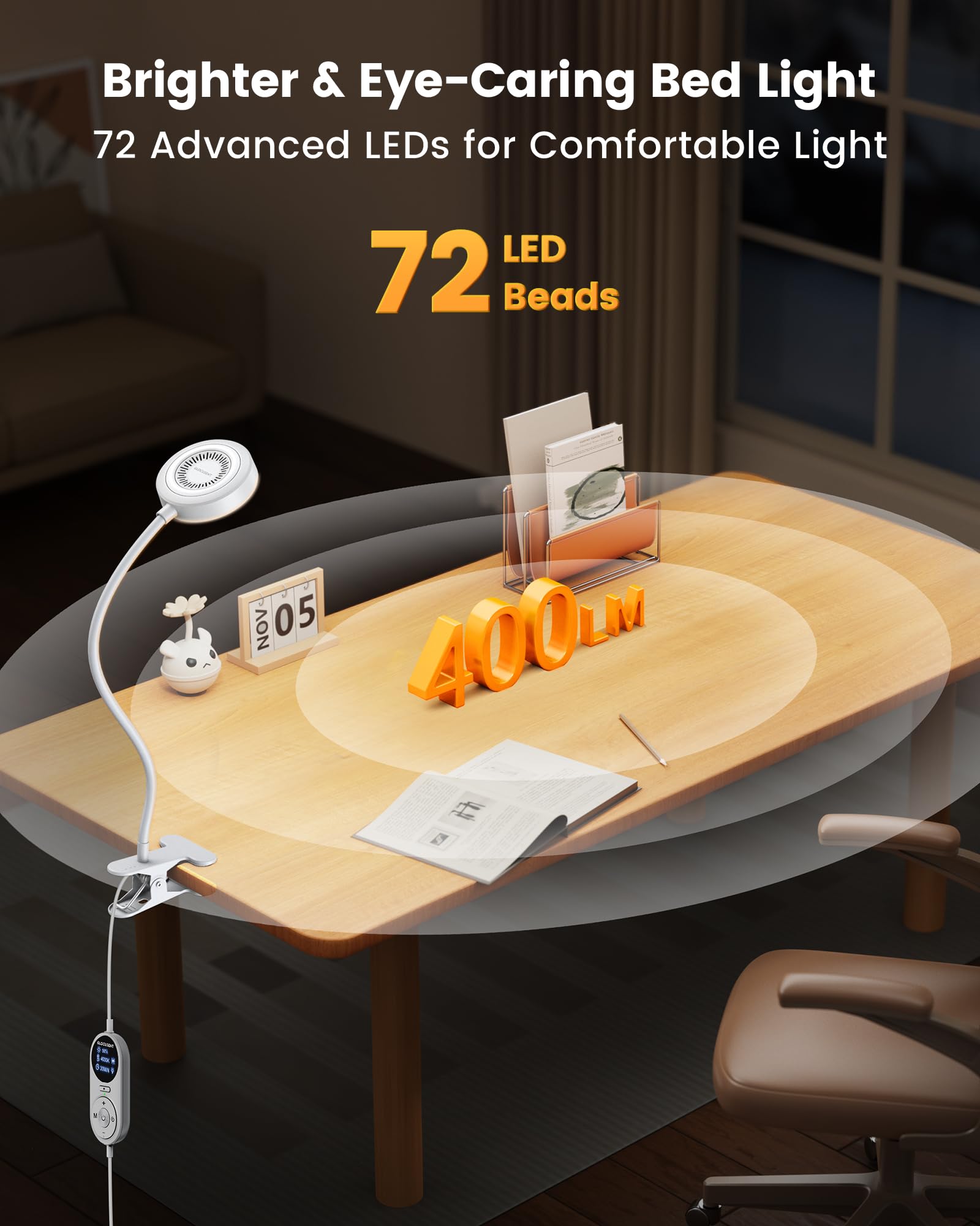 Glocusent Clip on Light - 72 LEDs Bed Lamp with Amber Night Light, 3 Colors, 5 Brightness Levels, Model A31, White