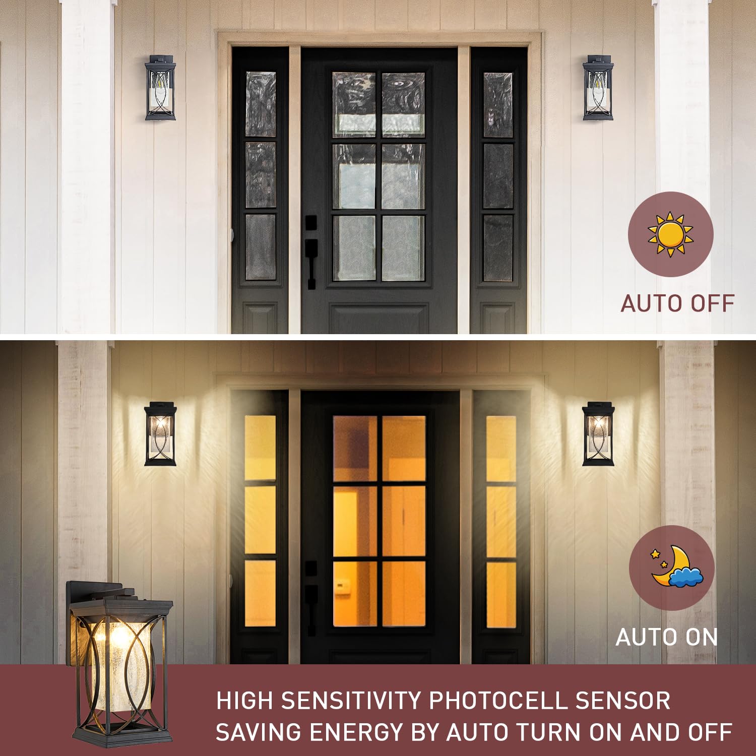 Delicavy Dusk To Dawn Outdoor Wall Light, Black Aluminum, Waterproof, Large Sconce For Porch