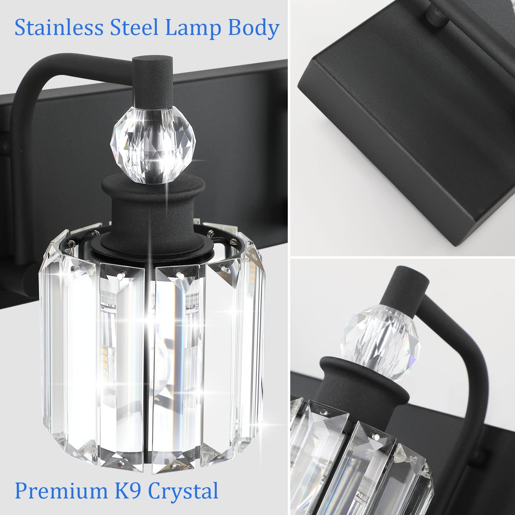 Ralbay 3 Light Bathroom Vanity Lights - Matte Black Crystal Fixtures, 24 Inch, Model 8605, Modern Over Mirror Design