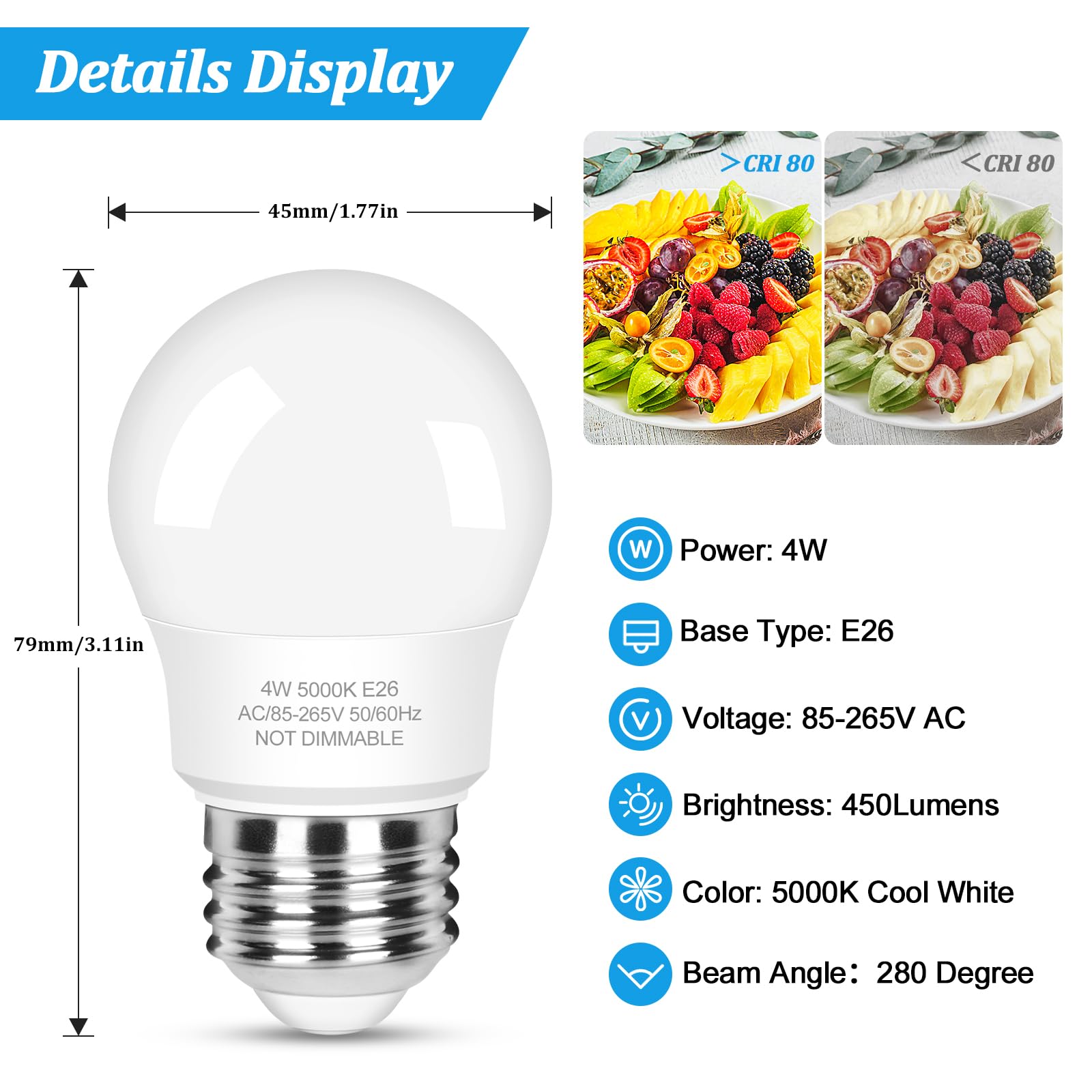 Brightever LED Refrigerator Light Bulb 4W 5000K Daylight White A15 Waterproof E26 Model G45-2014G, 2 Packs