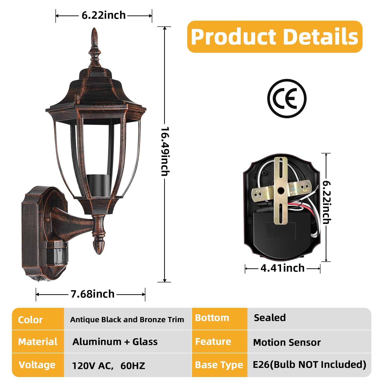 Lamomo Outdoor Wall Sconce, 2 Pack Motion Sensor Light, Waterproof Aluminum, Antique Black & Bronze Trim, Model LMM-0018-WU-SE-BG-2PUS-JP