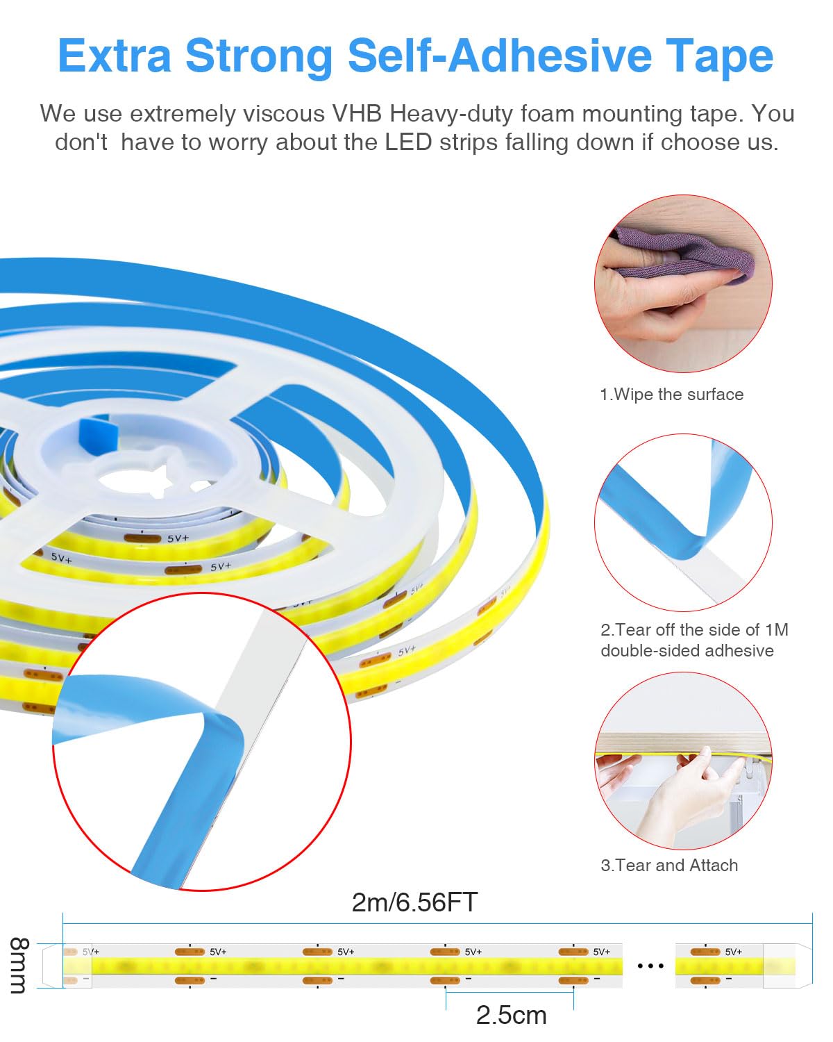 Aclorol 5V Cob Led Strip Light White 6000K 6.56Ft/2M 640Leds Dimmable Led Flexible Tape Lights With Self-Adhesive For Bedroom Kitchen Cupboard Cabinet Mirror Staircase Diy Lighting Project (2 Pack)