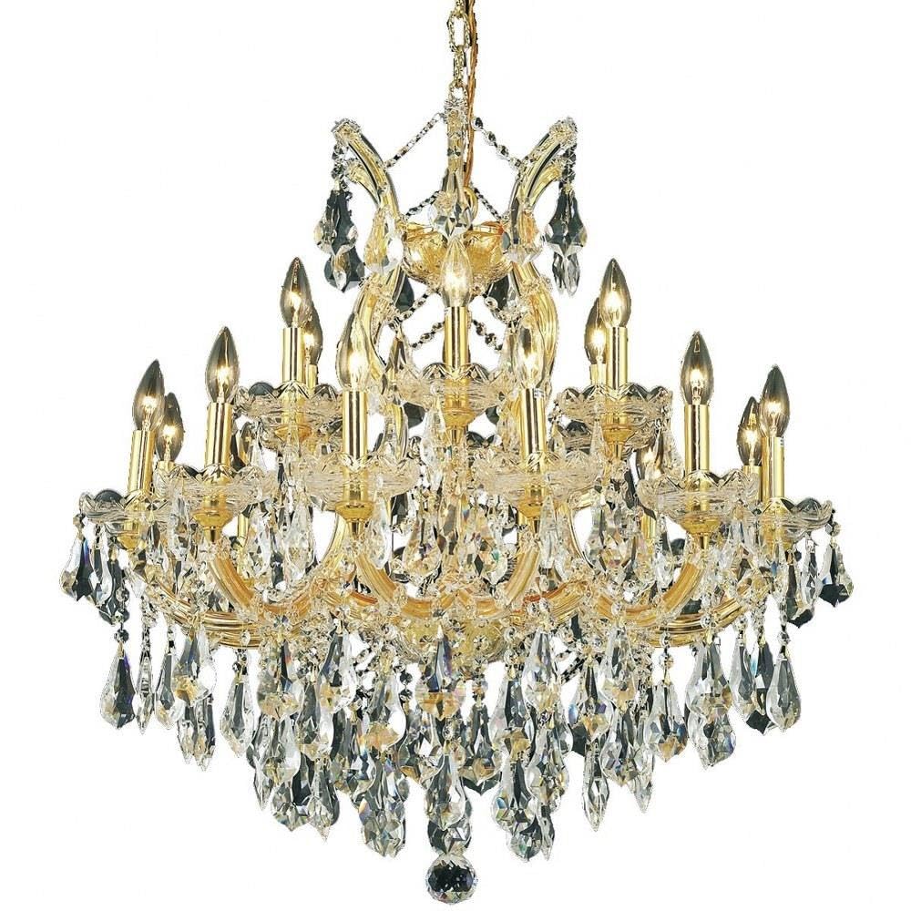 Elegant Lighting 2801D30G-GT/RC Royal Cut Smoky Golden Teak Crystal Maria Theresa 19-Light, Three-Tier Crystal Chandelier, 30" x 28", Finished in Gold with Smoky Golden Teak Crystals