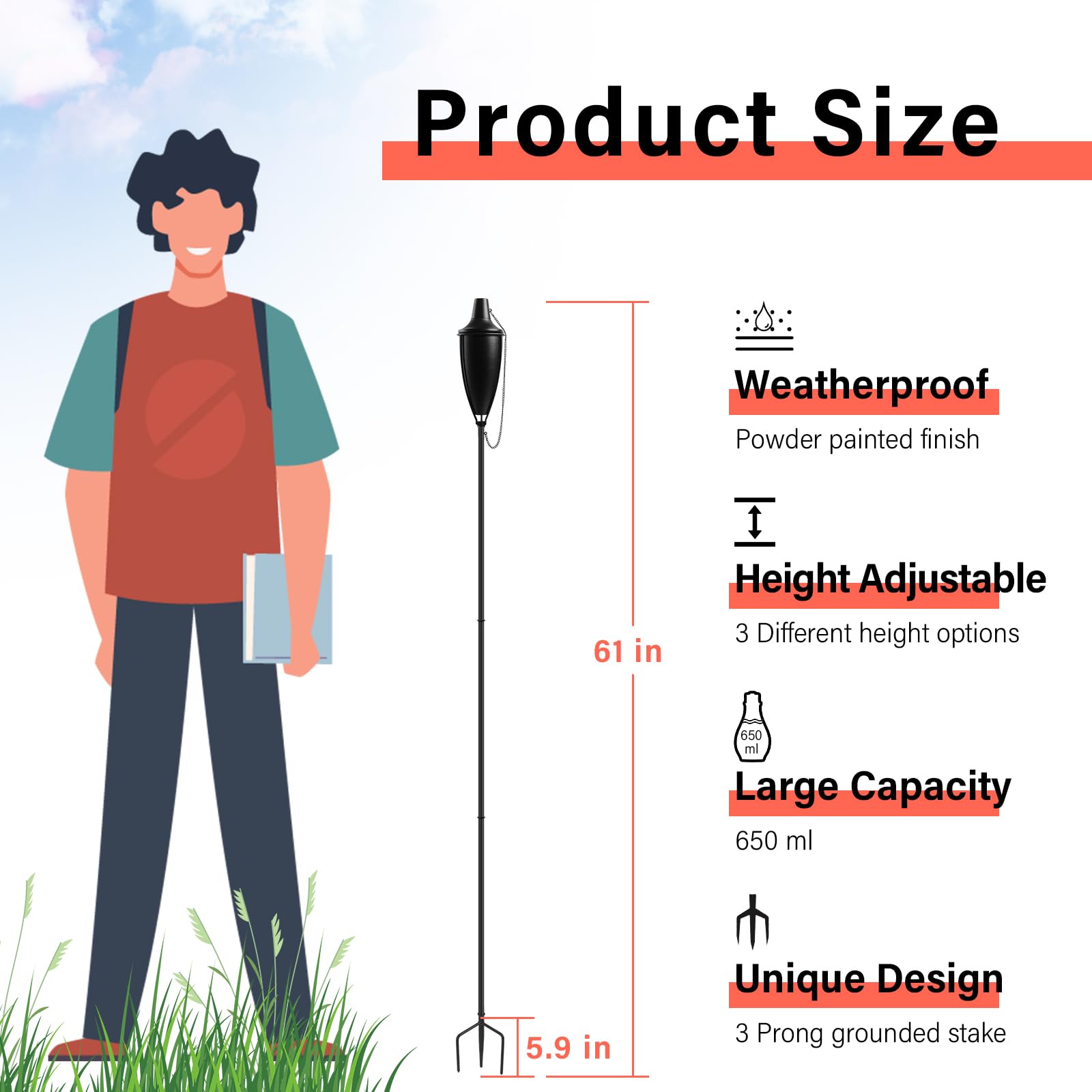 Zspeng 6 Pack Citronella Torches, 61-Inch Metal Garden Decor With 22Oz Capacity, Tabletop &