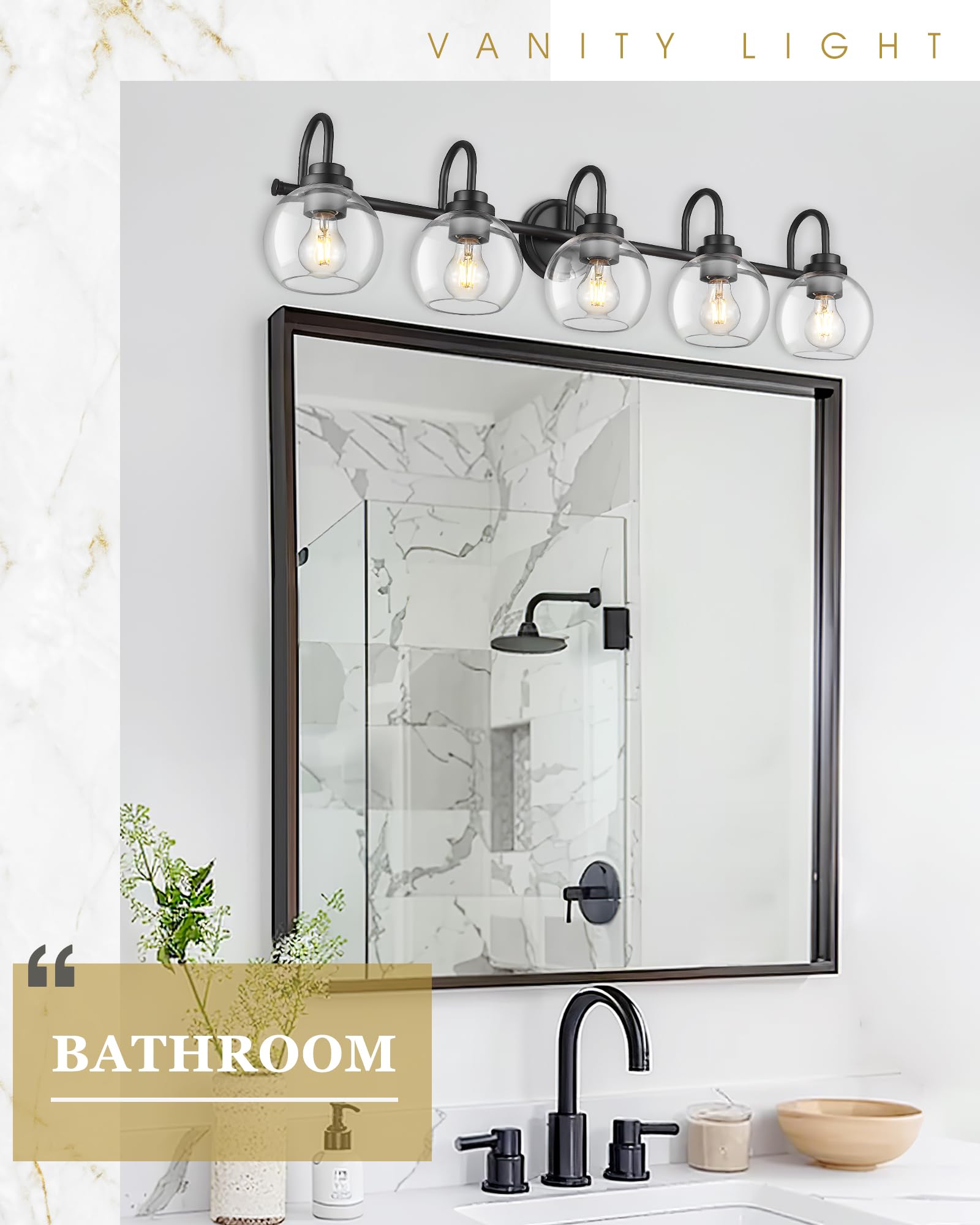 Audickic 5-Light Matte Black Bathroom Vanity Light Fixture with Clear Glass, 35 Inch, Model AD-22280-5W-BK