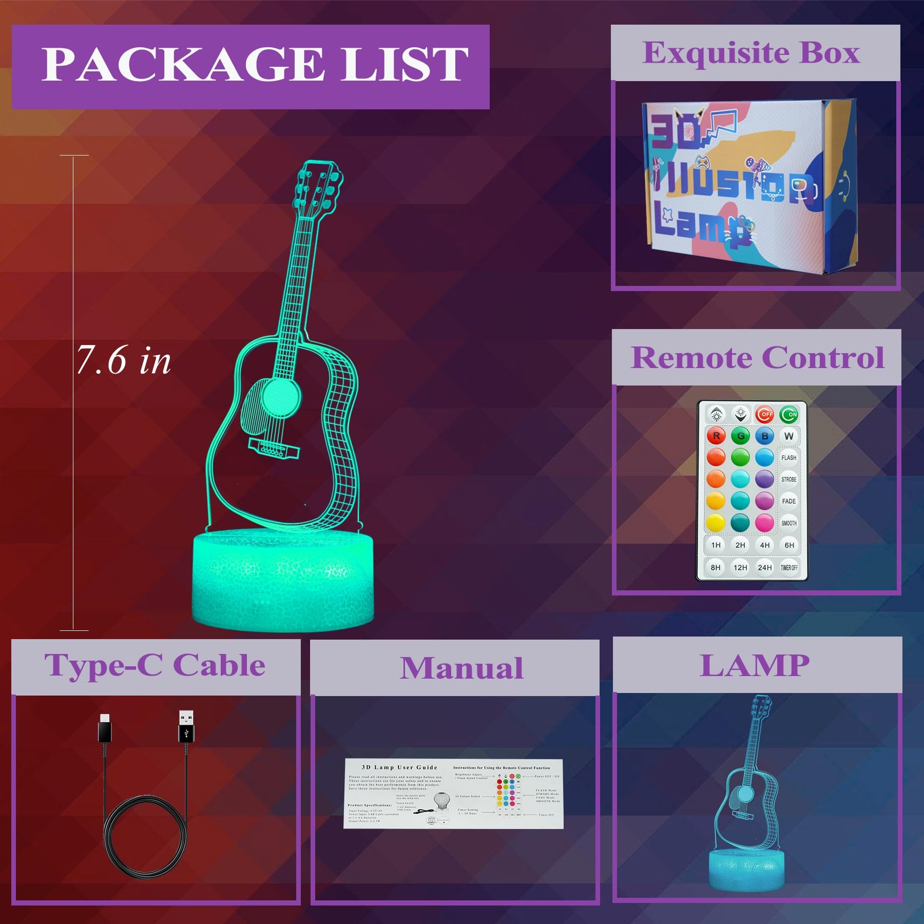 Posshe Guitar Night Light  Guitar Gifts  3D Illusion Night Light With 16 Colors Changing  Remote Control With Timer  Kids Room Decoration For Holiday Birthday Christmas
