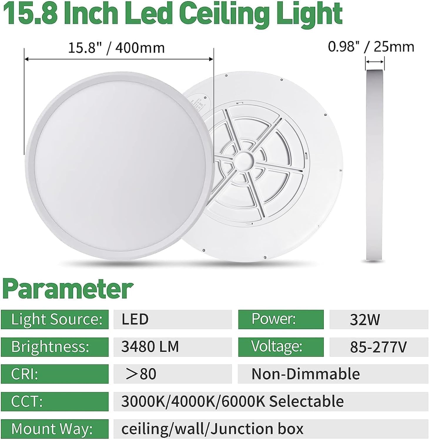 6Pk 15.8 Inch Led Flush Mount Ceiling Light, 32W, 3480Lm, 3000K/4000K/6000K Cct Selectable, Round Flat Panel Light Low Profile C