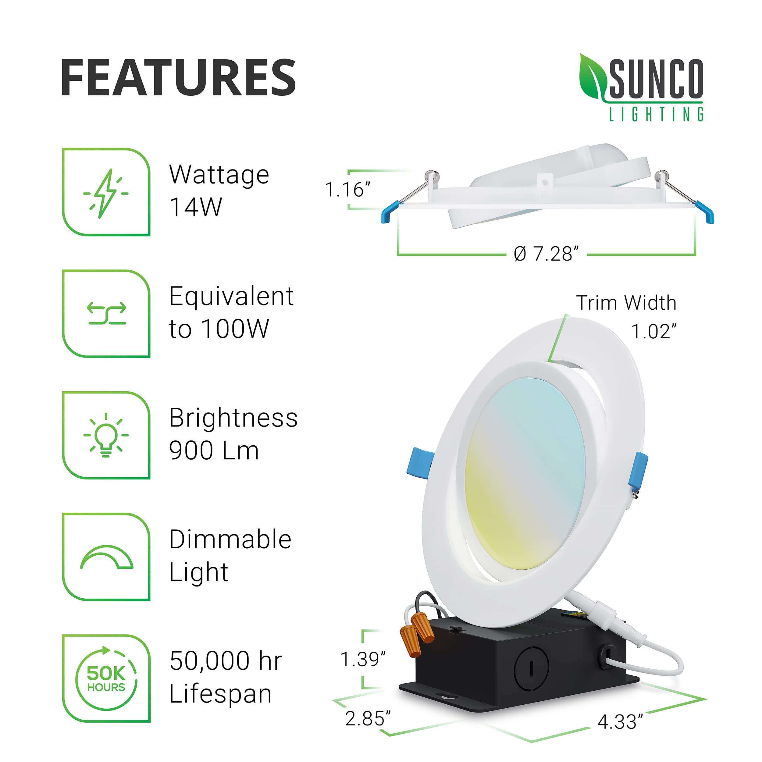 Sunco Lighting 6 Pack Recessed Led Lights Canless 6 Inch Eyeball Gimbal 12W, Selectable 2700K/3000K/3500K/4000K/5000K, Angled Di